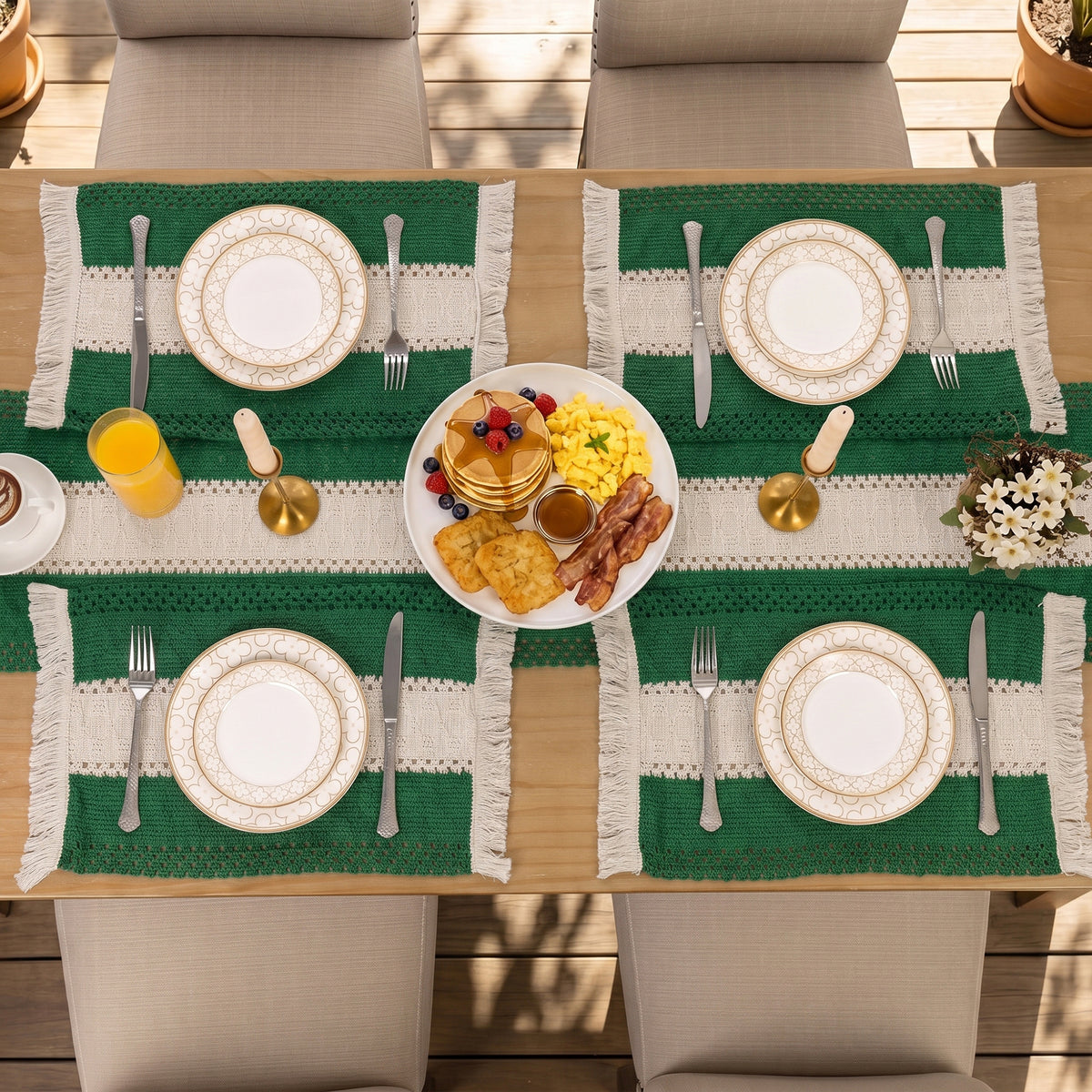 MeyJey 5 Pcs Table Runner and Placemats Set, Washable Fabric Rectangle Dining Table Mats with Tassels for Dining Tables, Kitchen, Green/Beige