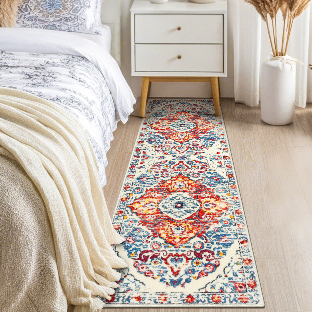 MeyJey Boho Indoor Hallway Runner Rug, Oriental Non Slip Machine Washable Area Rug Distressed Vintage Floor Carpet for Bedroom Kitchen Dinning/Living/Laundry Room, Red/Blue/Beige