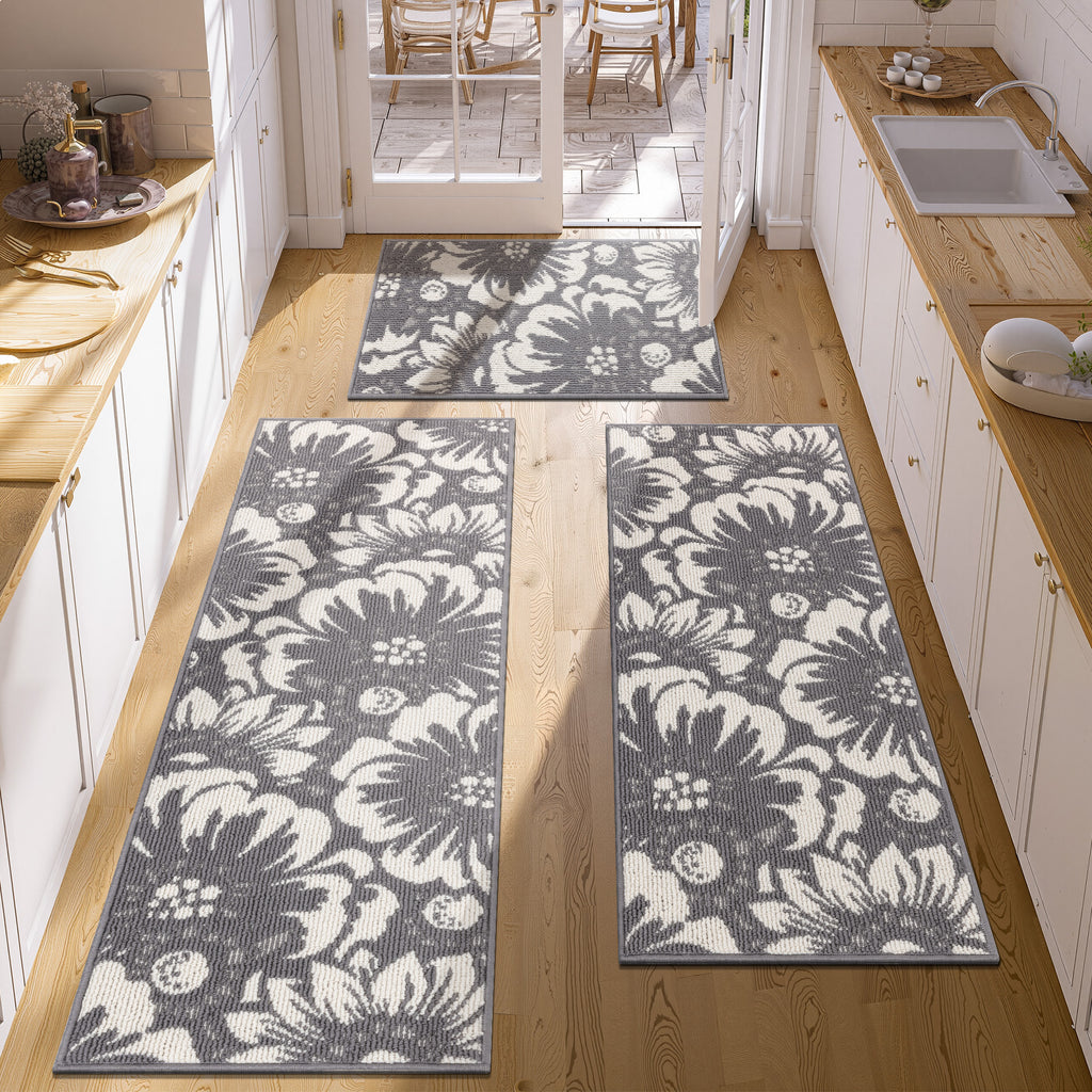 MeyJey Vintage Kitchen Rug Set, 3 Piece Runner Rug Non Slip Washable Farmhouse Hallway Rug for Kitchen/Laundry Room