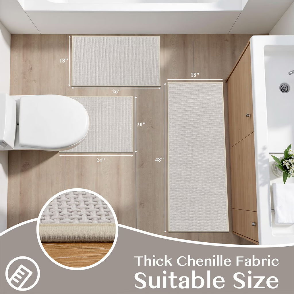 Ileading 3pcs Bathroom Rugs Set with U-Shaped Mat, Non Slip, Soft, Absorbent Bath Mats for Tub, Shower, Toilet 18"x26"+18"x48"+U Shape 20"x24" Beige