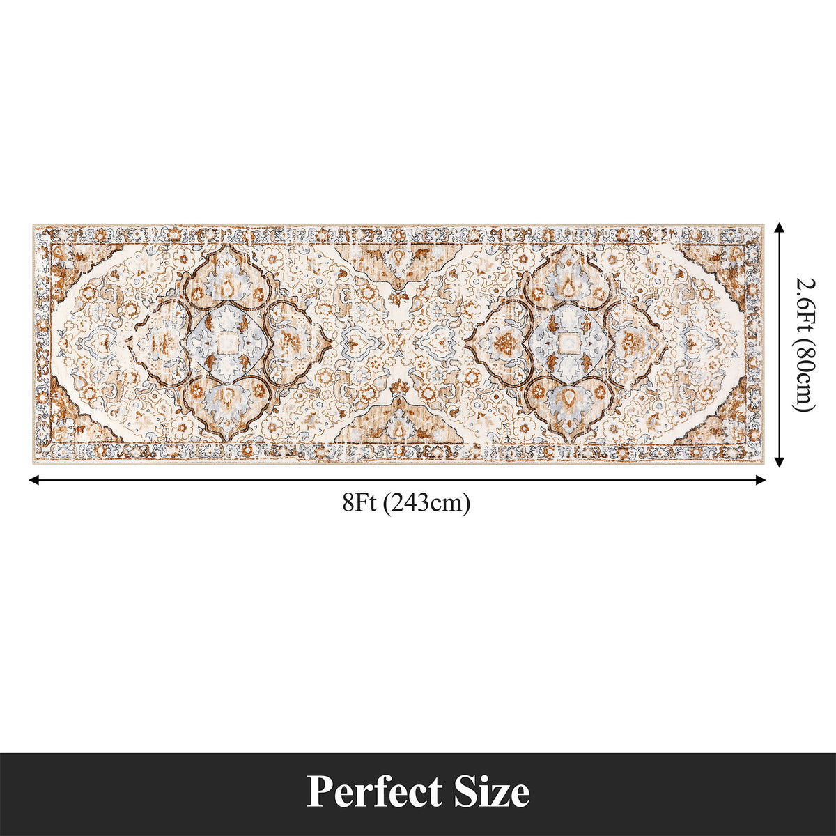 MeyJey Boho Indoor Hallway Runner Rug, Oriental Non Slip Machine Washable Area Rug Distressed Vintage Floor Carpet for Bedroom Kitchen Dinning/Living/Laundry Room, Cream/Orange