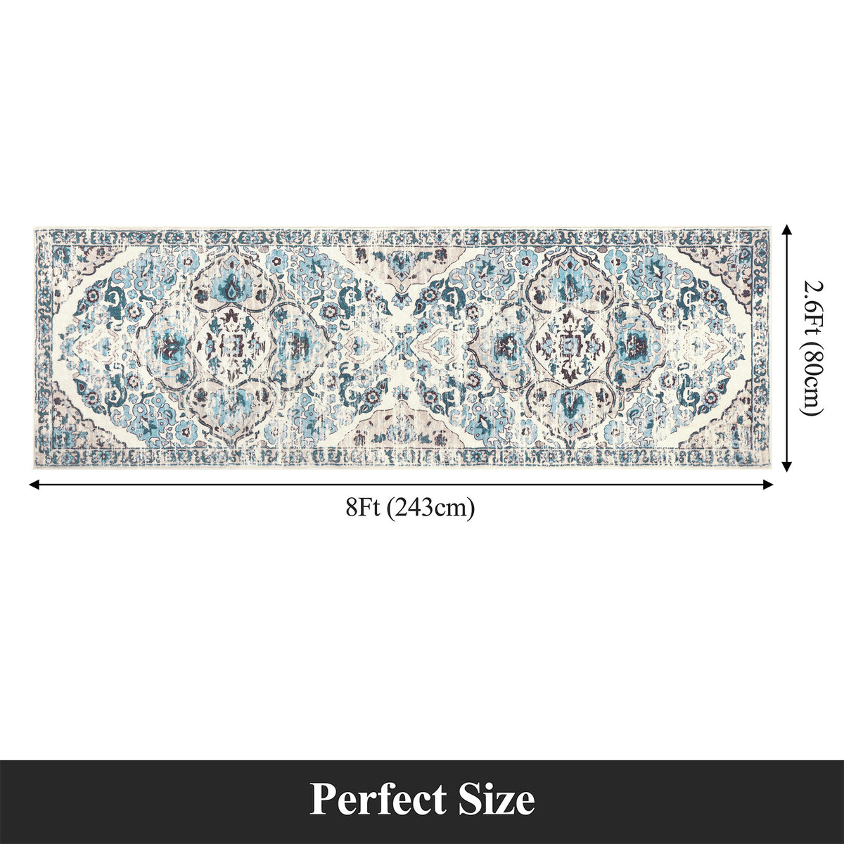 MeyJey Boho Indoor Hallway Runner Rug, Oriental Non Slip Machine Washable Area Rug Distressed Vintage Floor Carpet for Bedroom Kitchen Dinning/Living/Laundry Room, Blue/Beige
