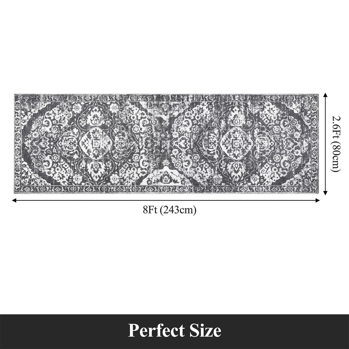 MeyJey Boho Indoor Hallway Runner Rug, Oriental Non Slip Machine Washable Area Rug Distressed Vintage Floor Carpet for Bedroom Kitchen Dinning/Living/Laundry Room, Gray