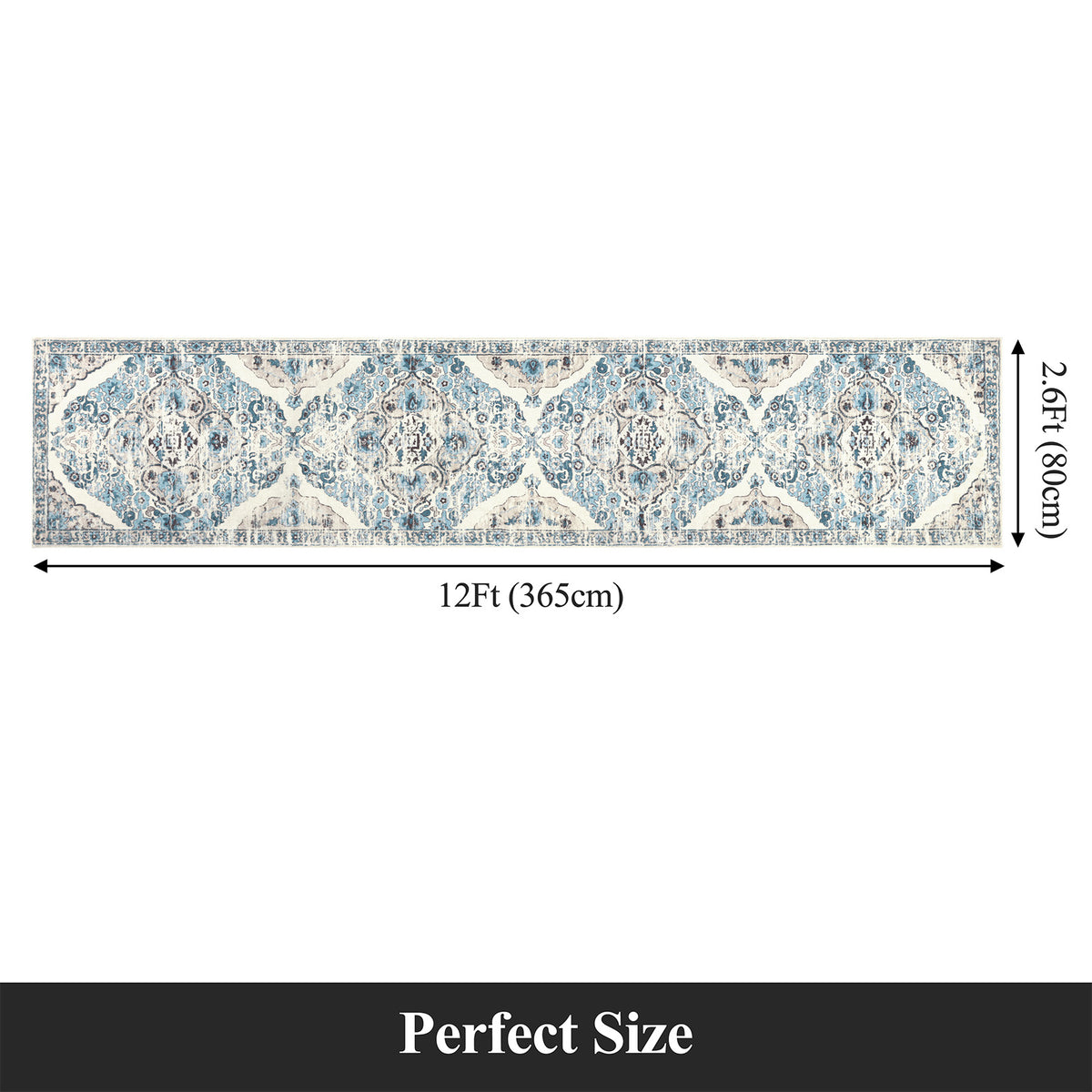 MeyJey Boho Indoor Hallway Runner Rug, Oriental Non Slip Machine Washable Area Rug Distressed Vintage Floor Carpet for Bedroom Kitchen Dinning/Living/Laundry Room, Blue/Beige