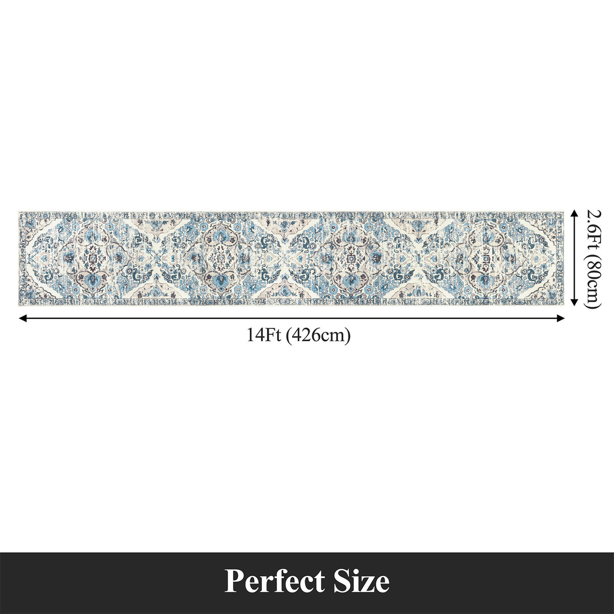 MeyJey Boho Indoor Hallway Runner Rug, Oriental Non Slip Machine Washable Area Rug Distressed Vintage Floor Carpet for Bedroom Kitchen Dinning/Living/Laundry Room, Blue/Beige