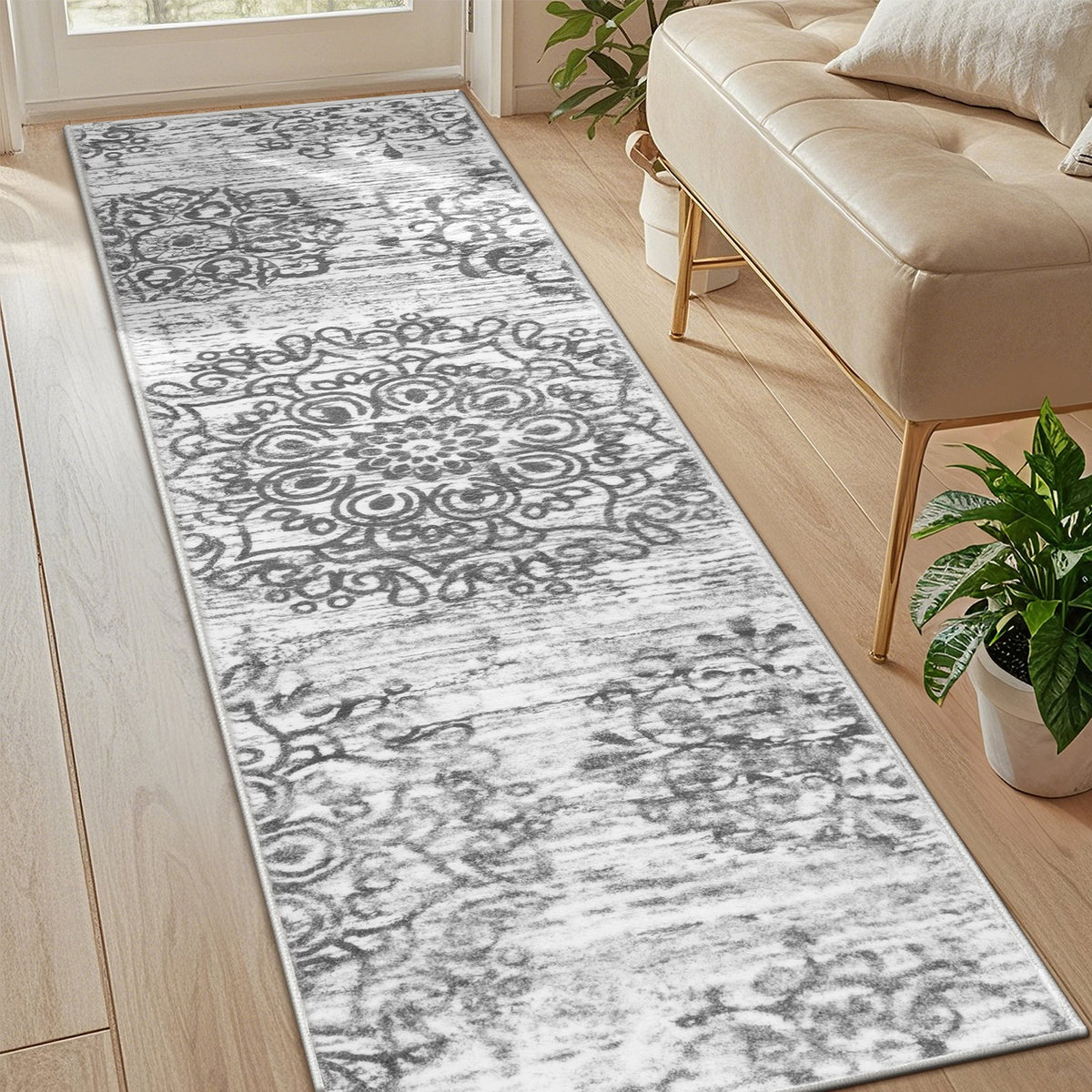 MeyJey Boho Indoor Area Rug Non-Slip Machine Washable Vintage Distressed Floor Carpet for Living Room Bedroom Dining Kitchen Hallway, Light Gray