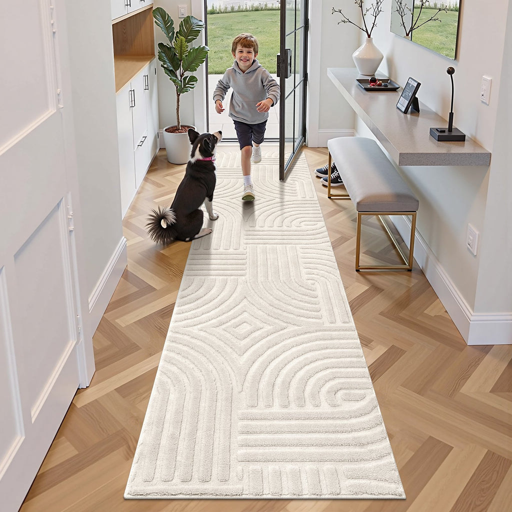 MeyJey Runner Rug for Hallways, Non Slip Modern Jacquard Textured Rugs Soft Geometric Rug for Entryway Bathroom Laundry Dorm, Beige