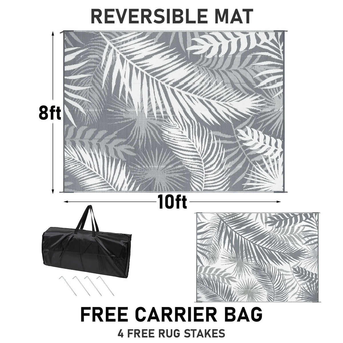 MeyJey Outdoor Rug, Reversible Waterproof Area Rug, Plastic Mat for RV Patio Camping, Gray