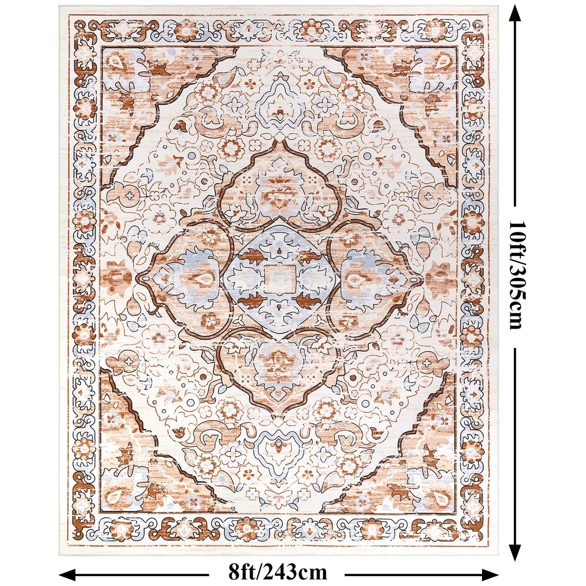 MeyJey Boho Indoor Living Room Area RugNon-Slip Machine Washable Vintage Oriental Distressed Floor Carpet for Bedroom Dining Kitchen Hallway Nursery, Cream/Orange