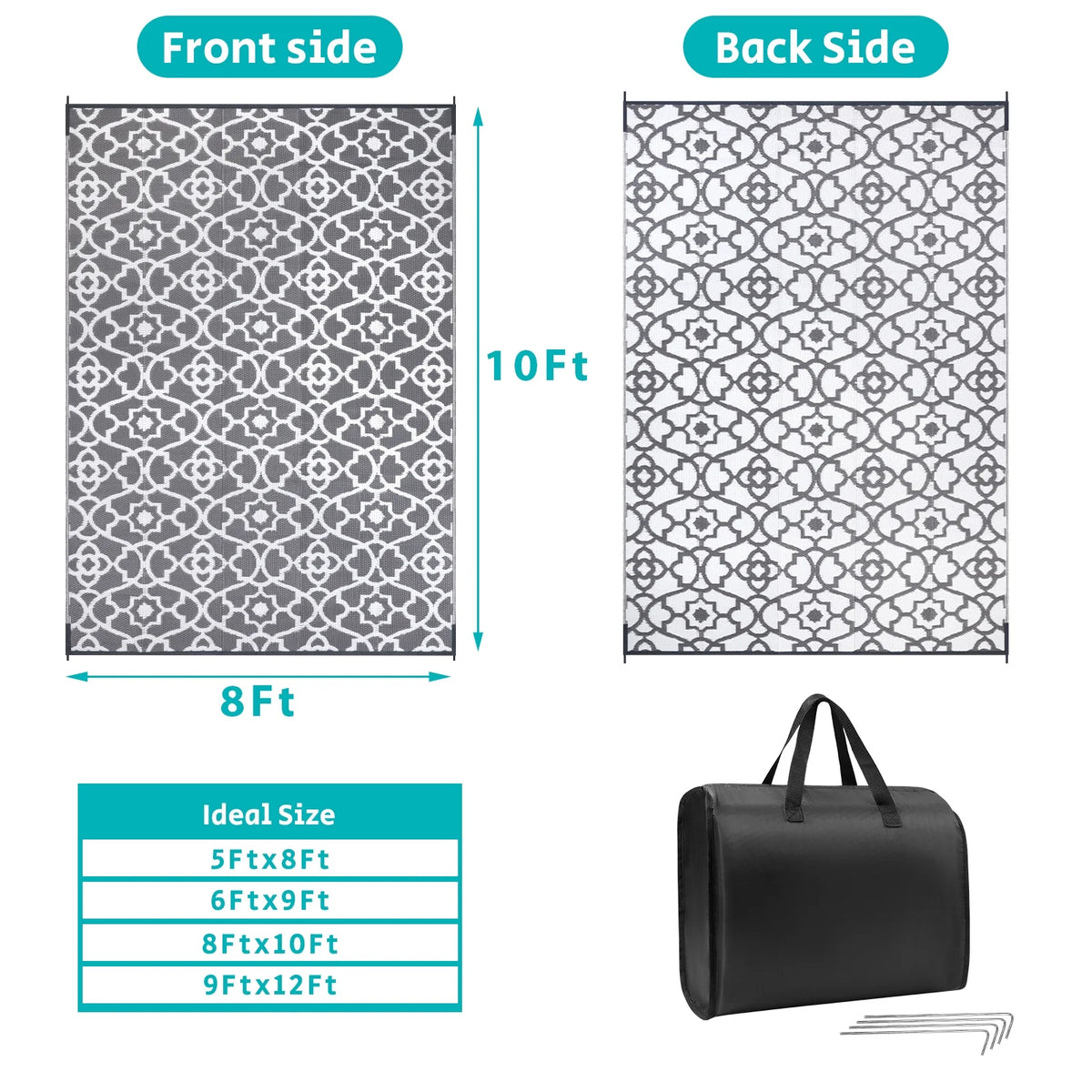 MeyJey Outdoor Rug Reversible Waterproof Oversize Indoor/Outdoor Plastic Mat for RV, Camping, Patio, Gray