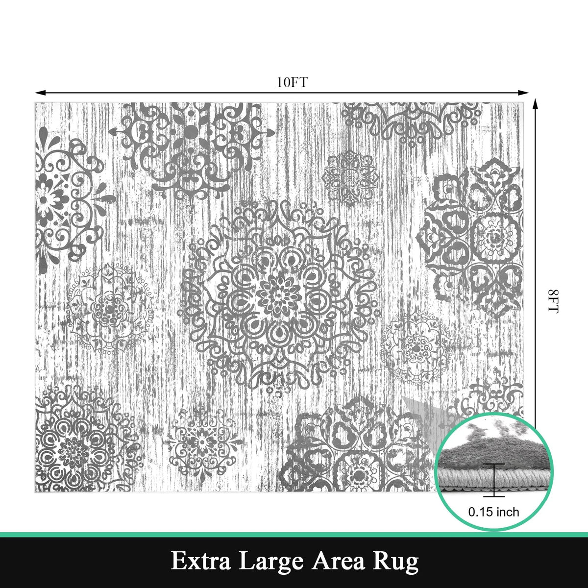 MeyJey Boho Indoor Area Rug Non-Slip Machine Washable Vintage Distressed Floor Carpet for Living Room Bedroom Dining Kitchen Hallway, Light Gray