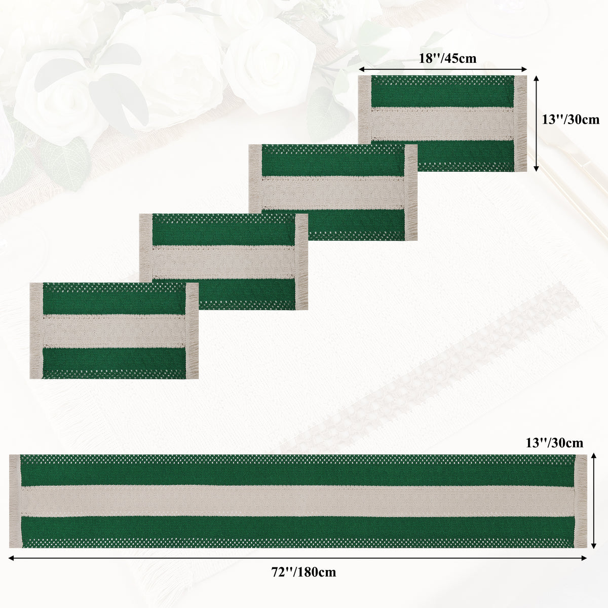 MeyJey 5 Pcs Table Runner and Placemats Set, Washable Fabric Rectangle Dining Table Mats with Tassels for Dining Tables, Kitchen, Green/Beige