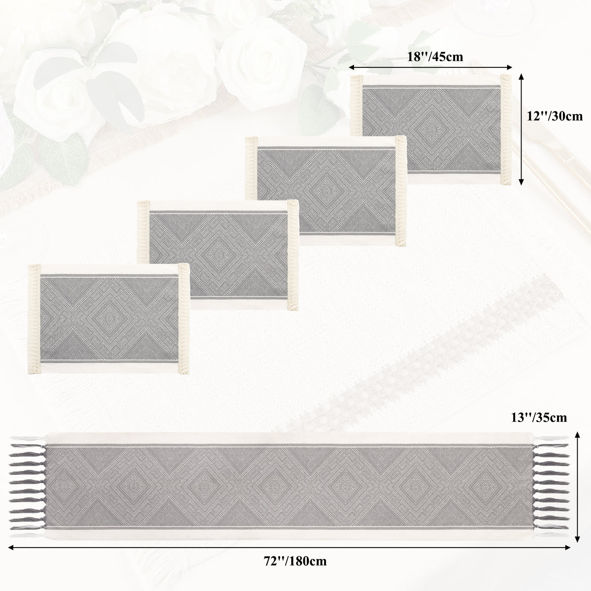 MeyJey 5 Pcs Table Runner and Placemats Set, Washable Fabric Rectangle Dining Table Mats with Tassels for Dining Tables, Kitchen