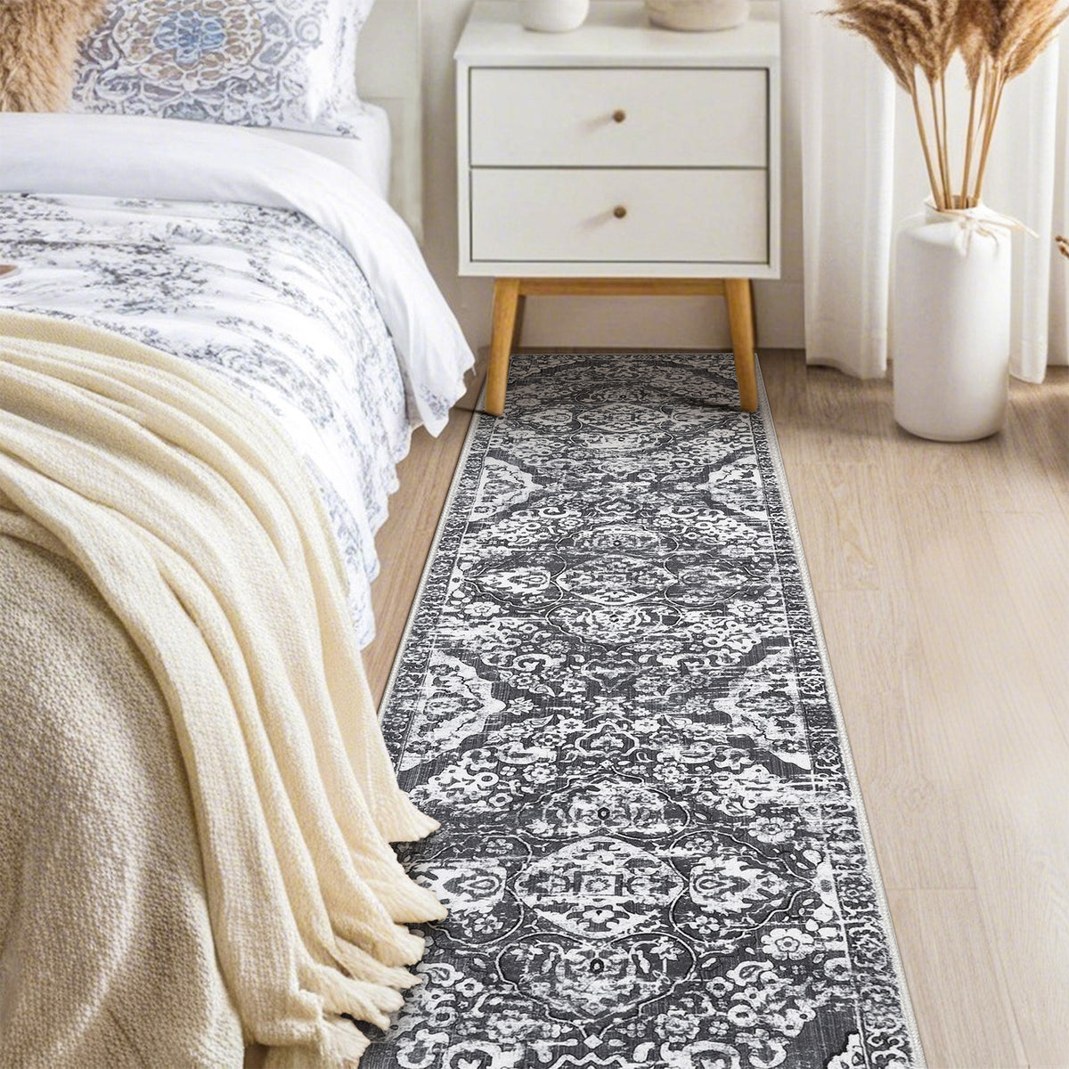 MeyJey Boho Indoor Hallway Runner Rug, Oriental Non Slip Machine Washable Area Rug Distressed Vintage Floor Carpet for Bedroom Kitchen Dinning/Living/Laundry Room, Gray