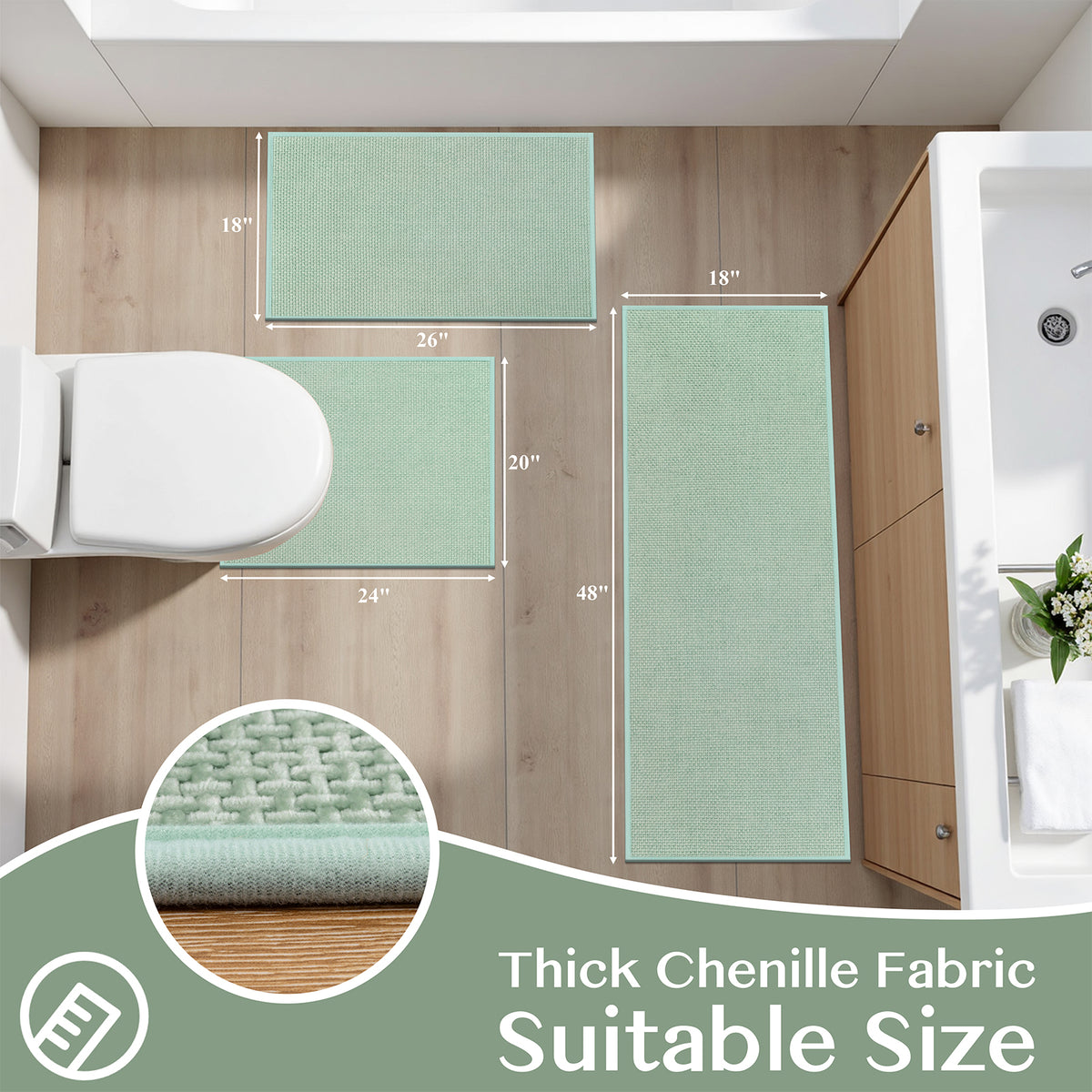 Ileading 3pcs Bathroom Rugs Set with U-Shaped Mat, Non Slip, Soft, Absorbent Bath Mats for Tub, Shower, Toilet 18"x26"+18"x48"+U Shape 20"x24" Green