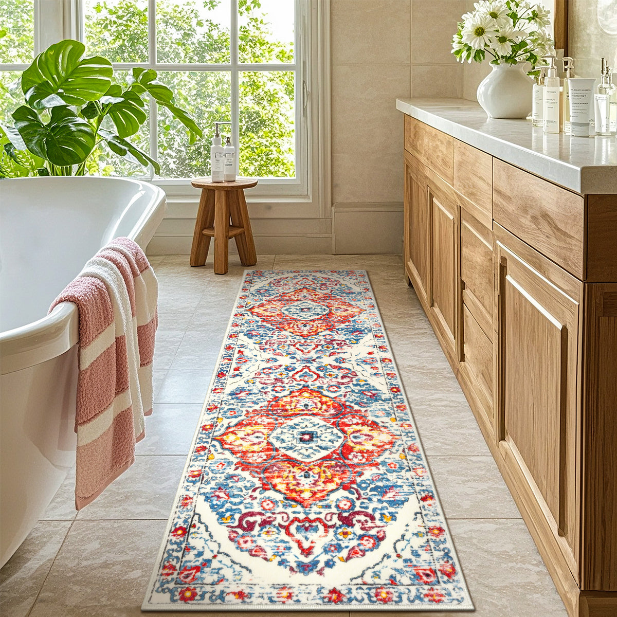 MeyJey Boho Indoor Hallway Runner Rug, Oriental Non Slip Machine Washable Area Rug Distressed Vintage Floor Carpet for Bedroom Kitchen Dinning/Living/Laundry Room, Red/Blue/Beige
