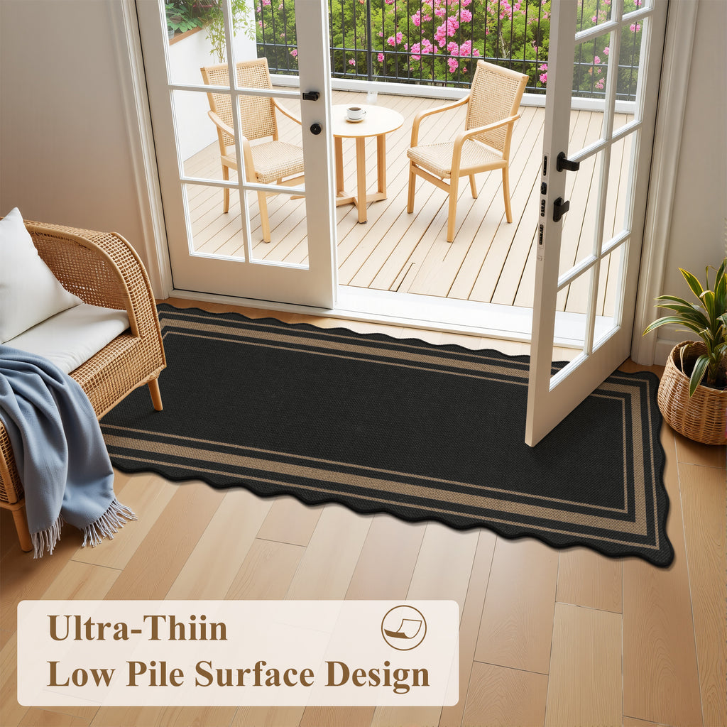 MeyJey Door Mats for Front Door, 24“x36“ Non Slip Solid Tan Jute Scalloped Washable Black Area Rug,Indoor Carpet for Entryway Laundry Room Floor Mats