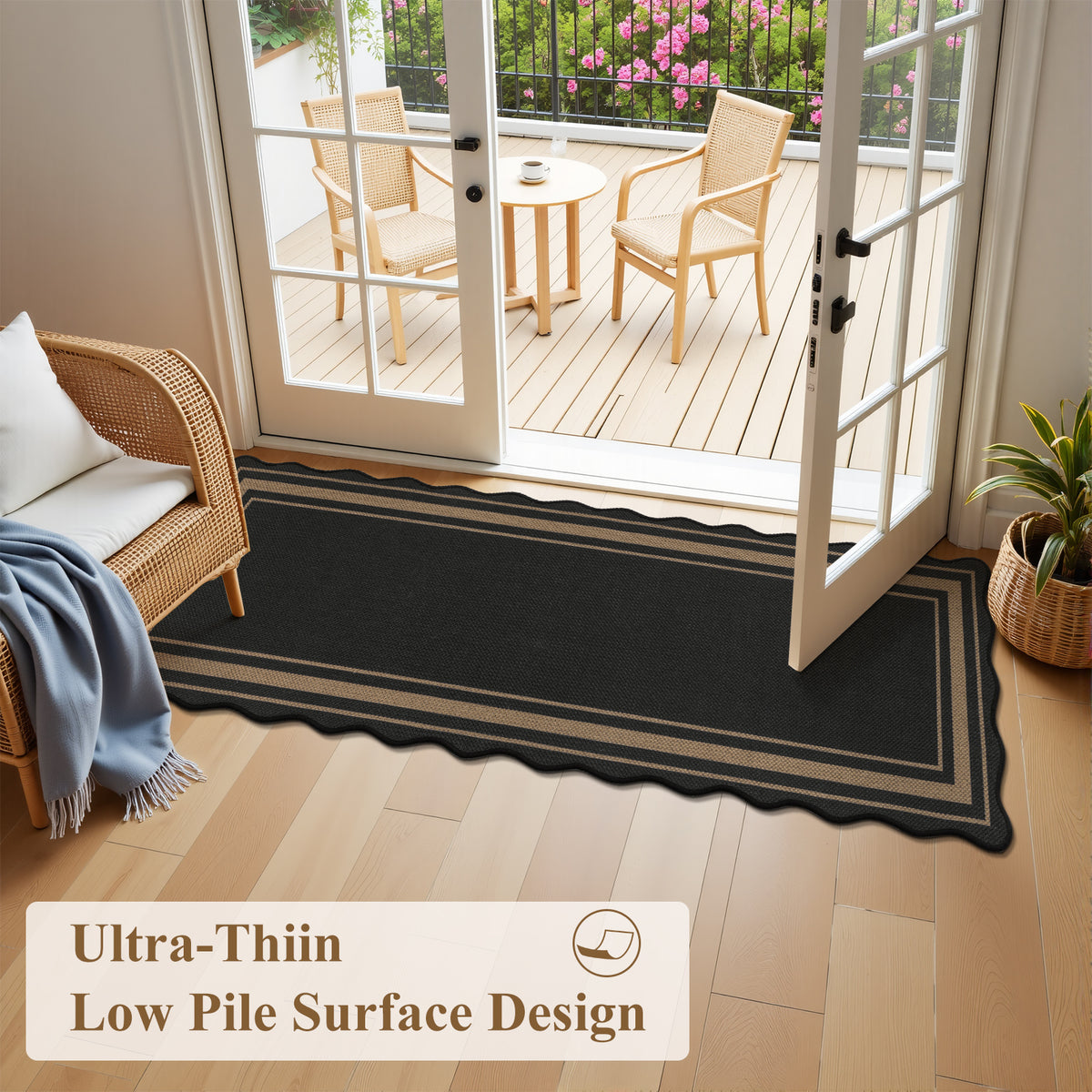 MeyJey Door Mats for Front Door, 24“x36“ Non Slip Solid Tan Jute Scalloped Washable Black Area Rug,Indoor Carpet for Entryway Laundry Room Floor Mats