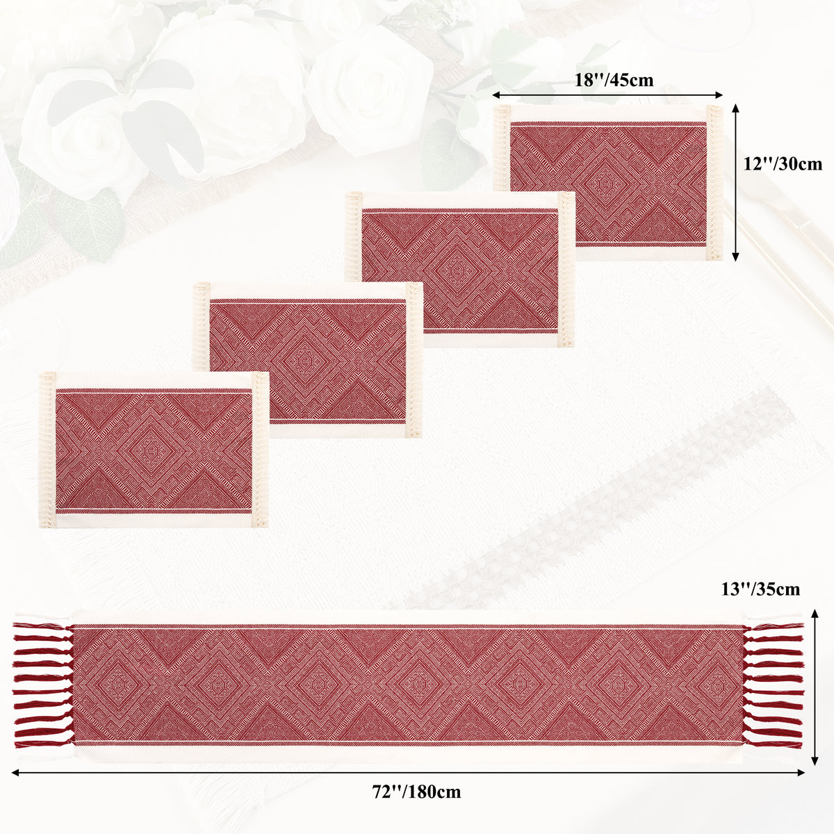 MeyJey 5 Pcs Table Runner and Placemats Set, Washable Fabric Rectangle Dining Table Mats with Tassels for Dining Tables, Kitchen