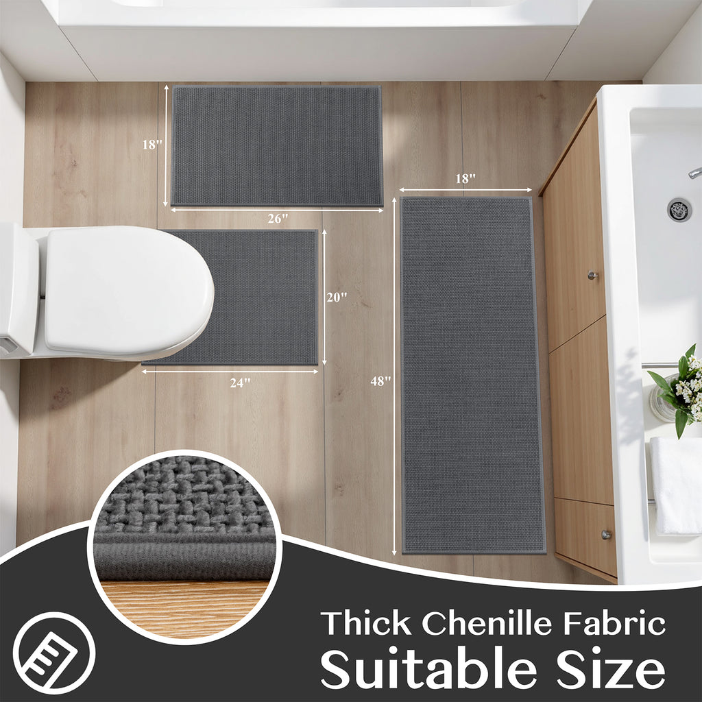 Ileading 3pcs Bathroom Rugs Set with U-Shaped Mat, Non Slip, Soft, Absorbent Bath Mats for Tub, Shower, Toilet 18"x26"+18"x48"+U Shape 20"x24" Gray