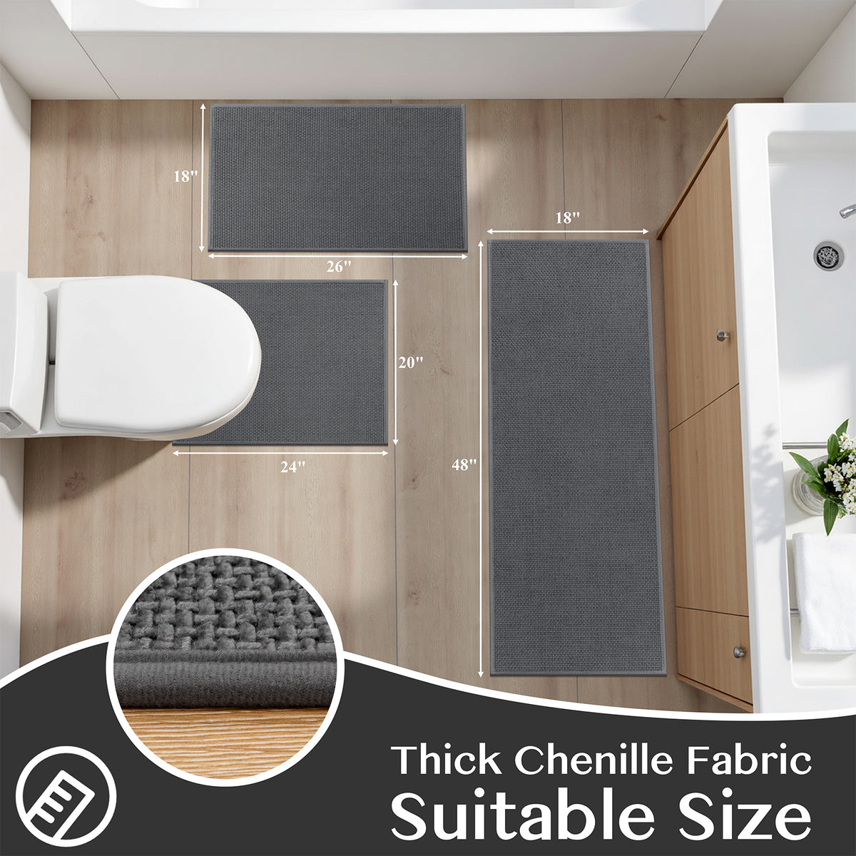 Ileading 3pcs Bathroom Rugs Set with U-Shaped Mat, Non Slip, Soft, Absorbent Bath Mats for Tub, Shower, Toilet 18"x26"+18"x48"+U Shape 20"x24" Gray