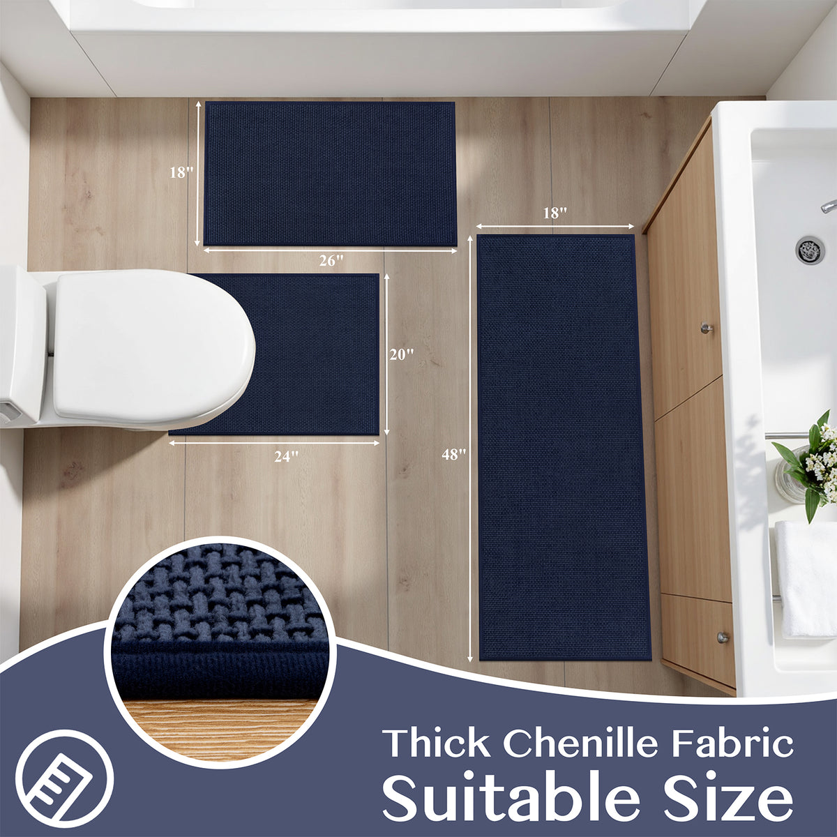 Ileading 3pcs Bathroom Rugs Set with U-Shaped Mat, Non Slip, Soft, Absorbent Bath Mats for Tub, Shower, Toilet 18"x26"+18"x48"+U Shape 20"x24" Blue