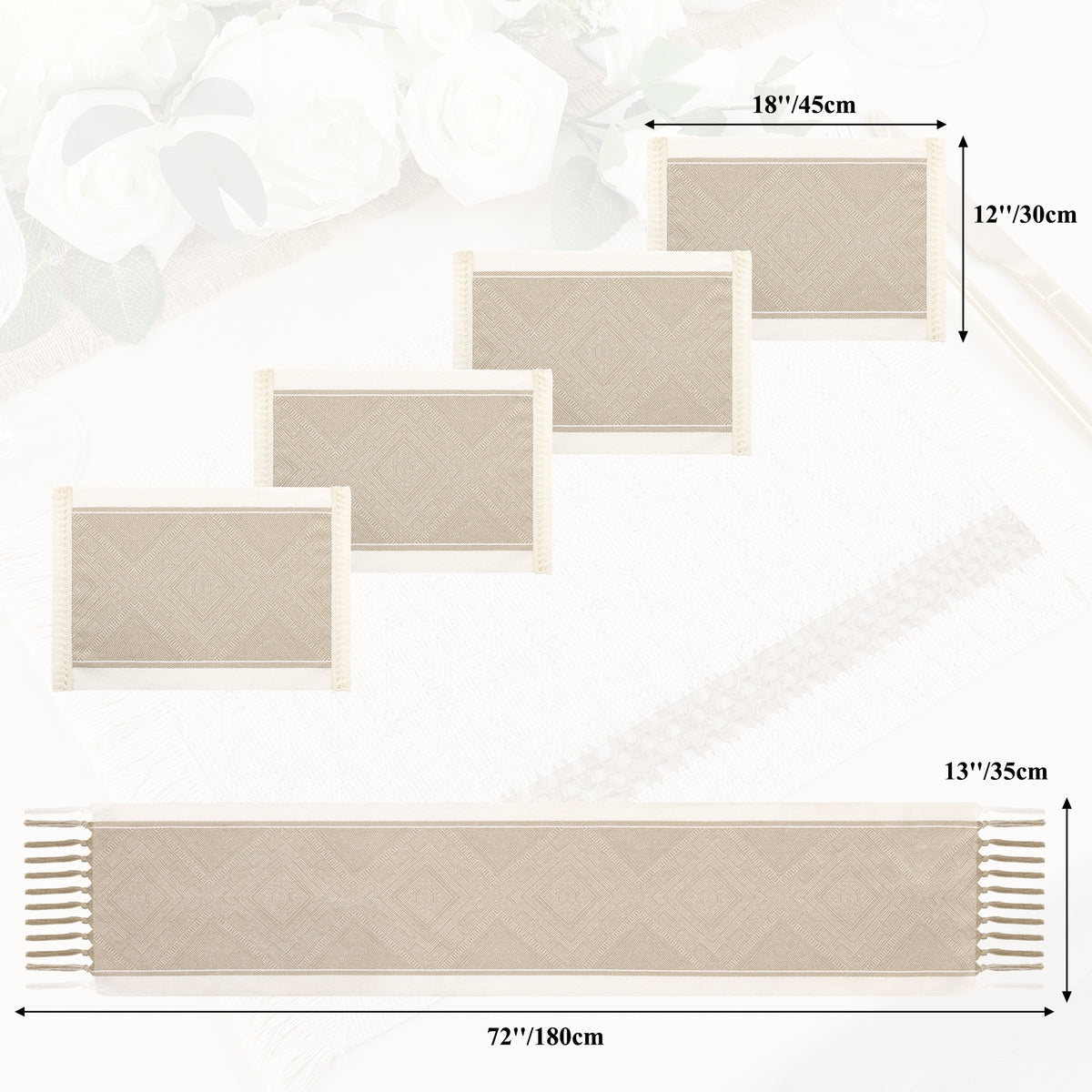 MeyJey 5 Pcs Table Runner and Placemats Set, Washable Fabric Rectangle Dining Table Mats with Tassels for Dining Tables, Kitchen