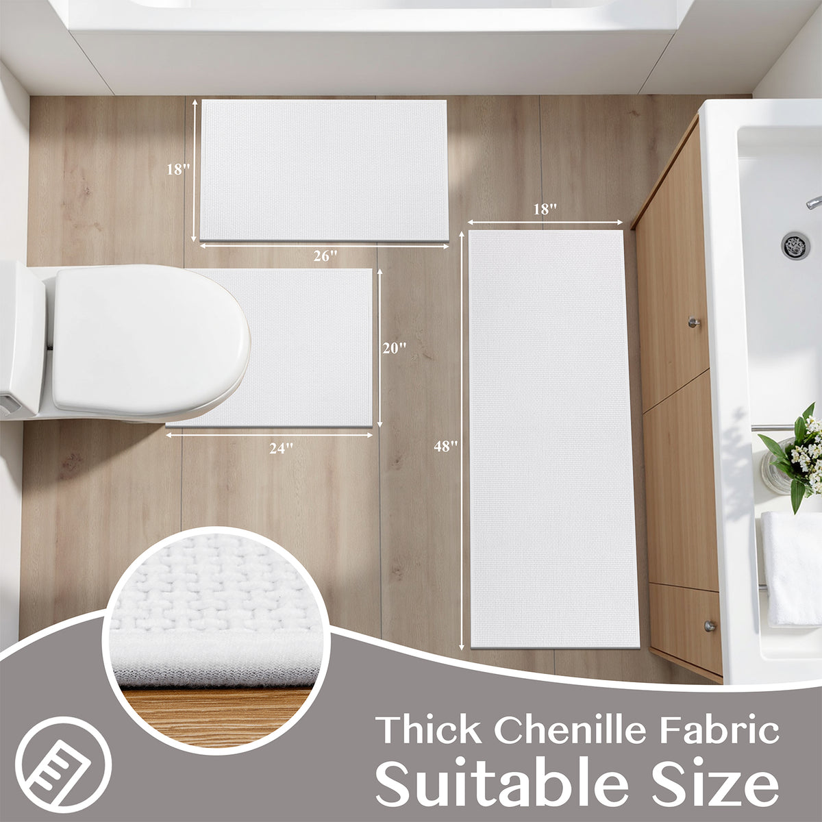 Ileading 3pcs Bathroom Rugs Set with U-Shaped Mat, Non Slip, Soft, Absorbent Bath Mats for Tub, Shower, Toilet 18"x26"+18"x48"+U Shape 20"x24" White