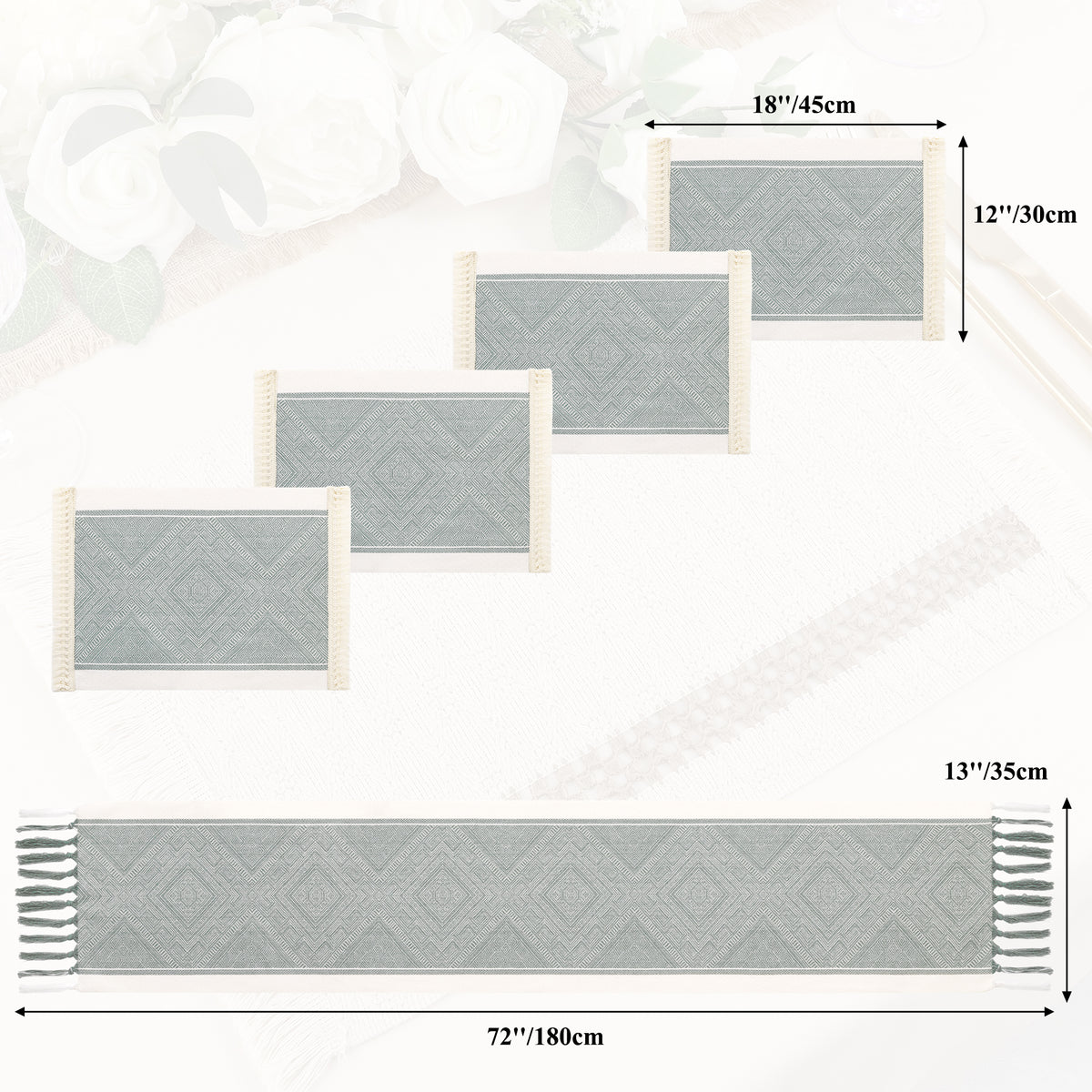 MeyJey 5 Pcs Table Runner and Placemats Set, Washable Fabric Rectangle Dining Table Mats with Tassels for Dining Tables, Kitchen