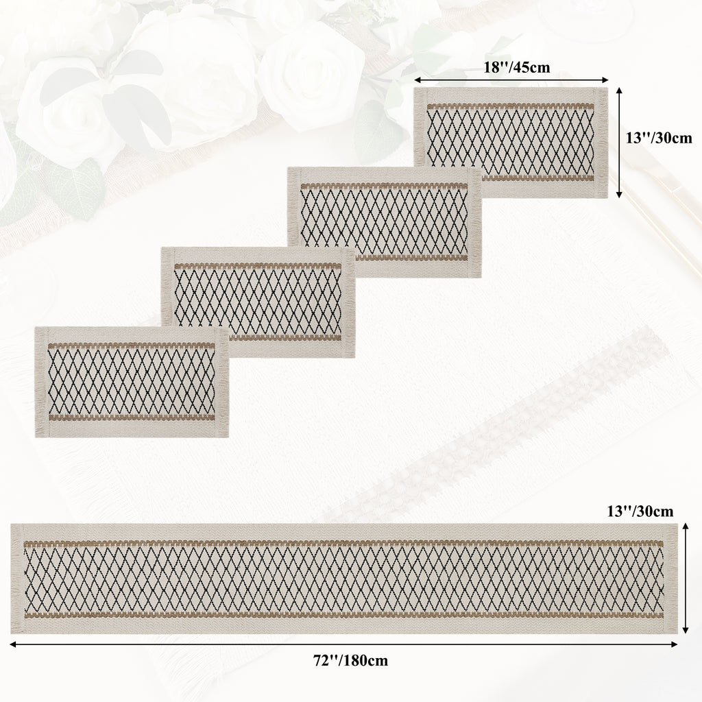 MeyJey 5 Pcs Table Runner and Placemats Set, Washable Fabric Rectangle Dining Table Mats with Tassels for Dining Tables, Kitchen, Black/Beige/Brown