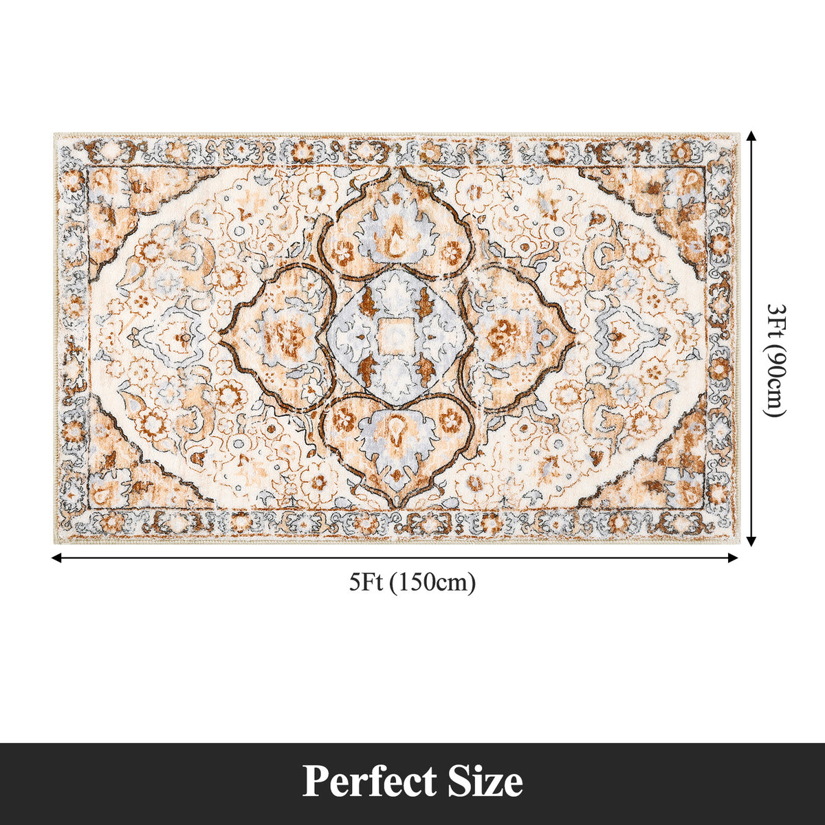 MeyJey Boho Indoor Hallway Runner Rug, Oriental Non Slip Machine Washable Area Rug Distressed Vintage Floor Carpet for Bedroom Kitchen Dinning/Living/Laundry Room, Cream/Orange
