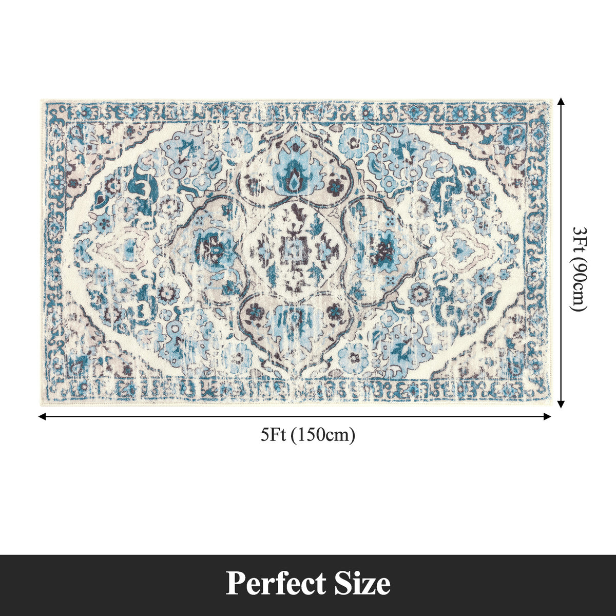 MeyJey Boho Indoor Hallway Runner Rug, Oriental Non Slip Machine Washable Area Rug Distressed Vintage Floor Carpet for Bedroom Kitchen Dinning/Living/Laundry Room, Blue/Beige