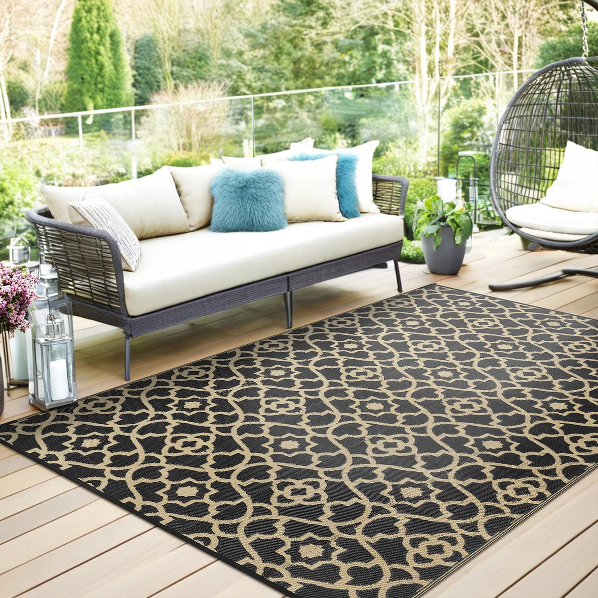 MeyJey Outdoor Rug Reversible Waterproof Oversize Indoor/Outdoor Plastic Mat for RV, Camping, Patio, Black