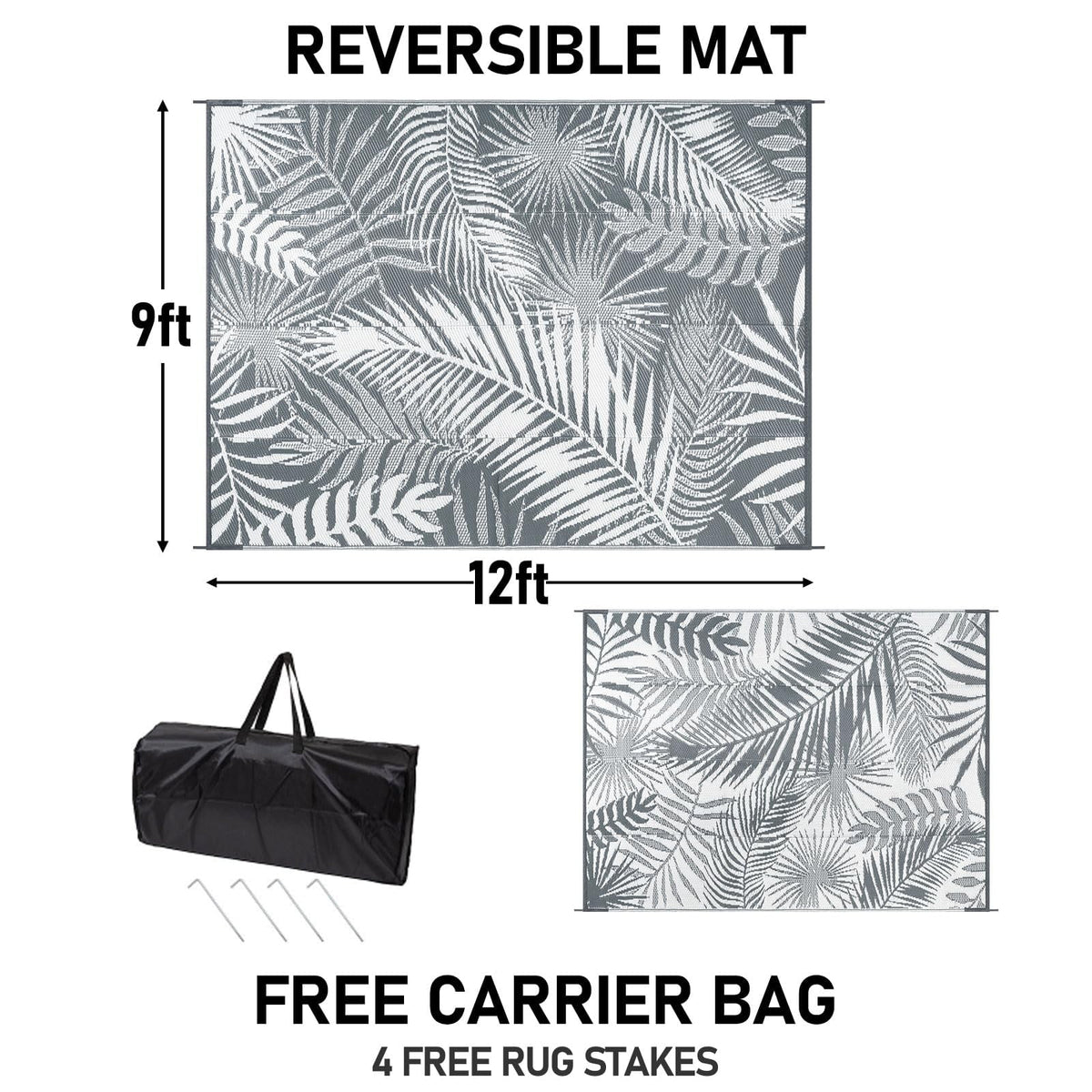MeyJey Outdoor Rug, Reversible Waterproof Area Rug, Plastic Mat for RV Patio Camping, Gray