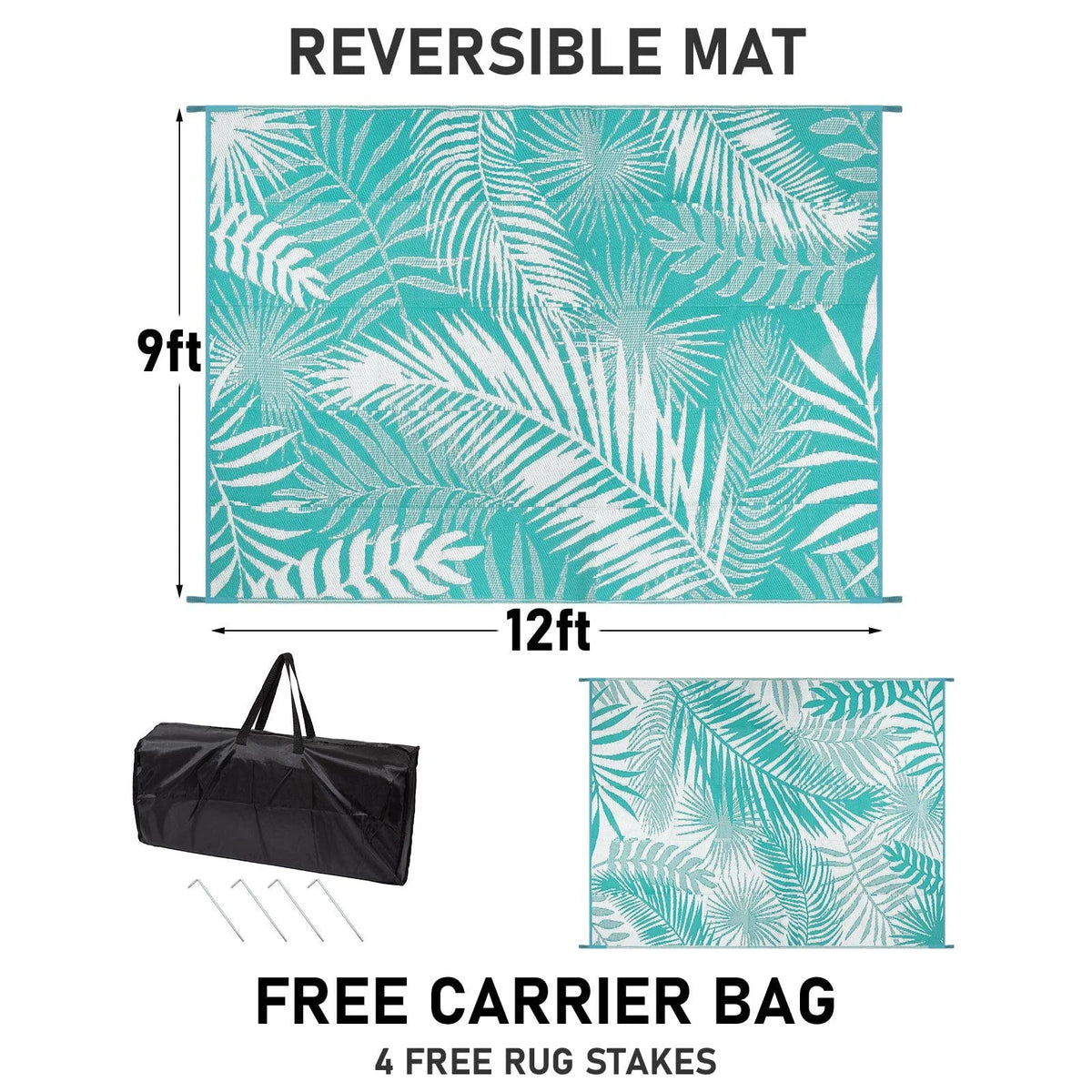 MeyJey Outdoor Rug, Reversible Waterproof Area Rug, Plastic Mat for RV Patio Camping, Teal