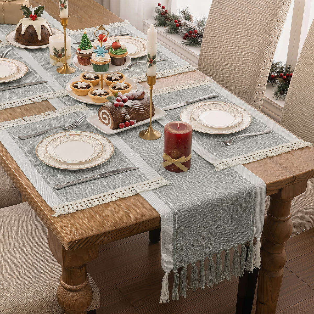 MeyJey 5 Pcs Table Runner and Placemats Set, Washable Fabric Rectangle Dining Table Mats with Tassels for Dining Tables, Kitchen