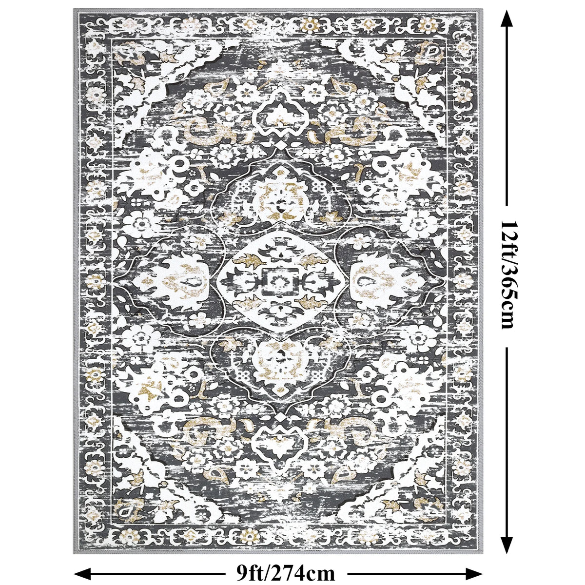 MeyJey Boho Indoor Living Room Area Rug, Non-Slip Machine Washable Vintage Oriental Distressed Floor Carpet for Bedroom Dining Kitchen Hallway Nursery, Gray/Brown