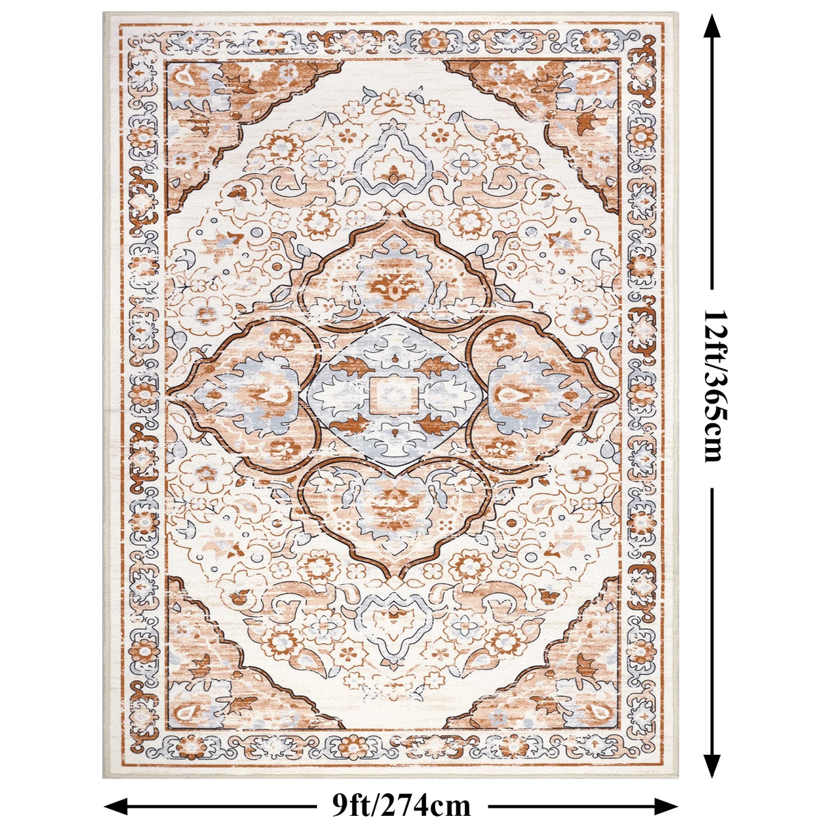 MeyJey Boho Indoor Living Room Area RugNon-Slip Machine Washable Vintage Oriental Distressed Floor Carpet for Bedroom Dining Kitchen Hallway Nursery, Cream/Orange
