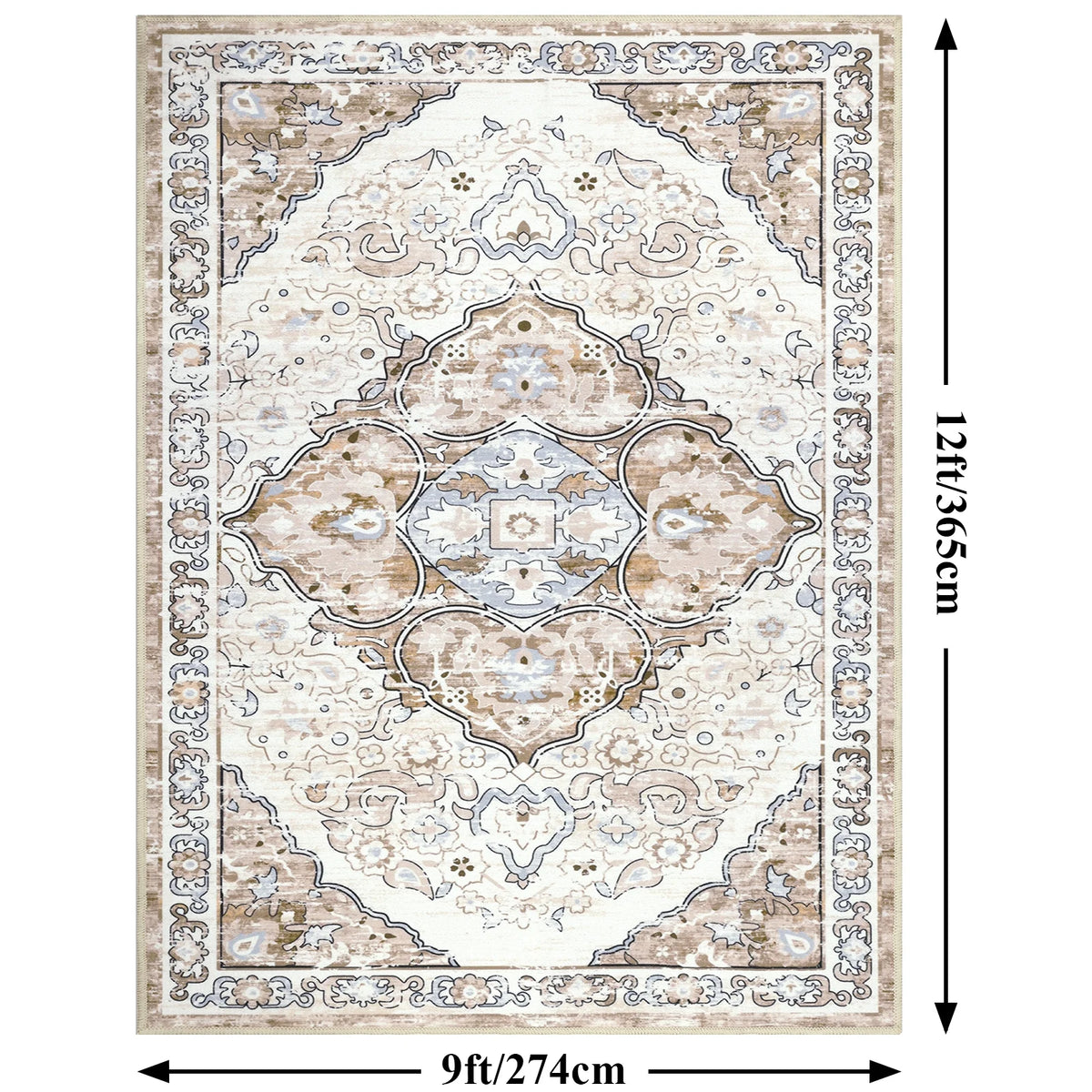 MeyJey Boho Indoor Living Room Area Rug, Non-Slip Machine Washable Vintage Oriental Distressed Floor Carpet for Bedroom Dining Kitchen Hallway Nursery, Beige/Brown