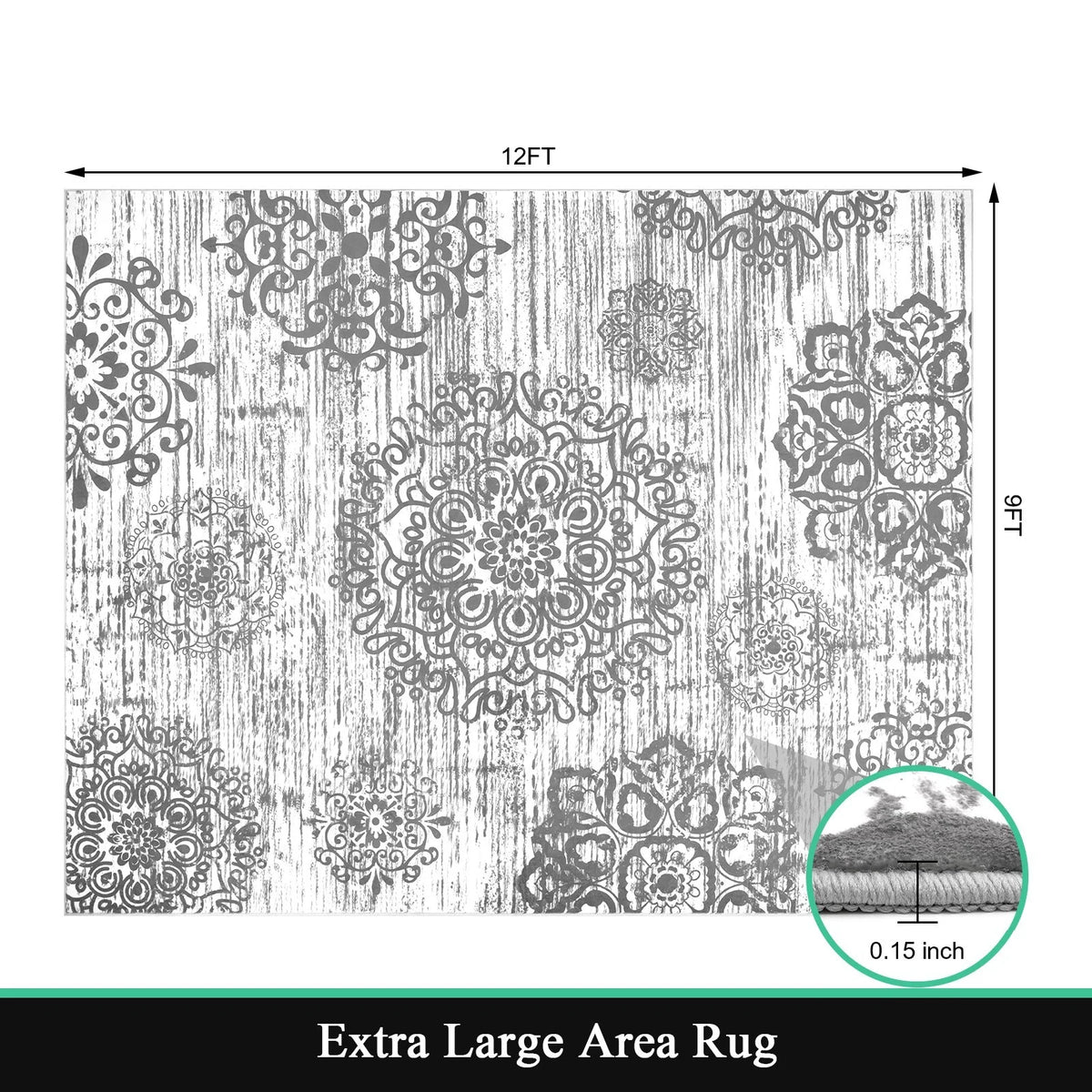 MeyJey Boho Indoor Area Rug Non-Slip Machine Washable Vintage Distressed Floor Carpet for Living Room Bedroom Dining Kitchen Hallway, Light Gray