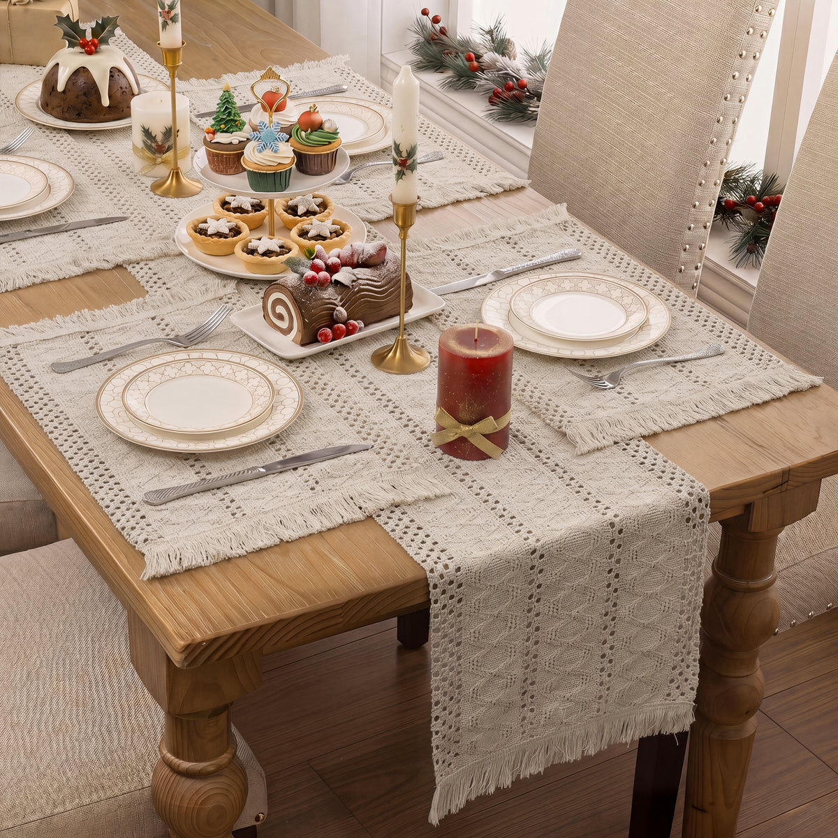 MeyJey 5 Pcs Table Runner and Placemats Set, Washable Fabric Rectangle Dining Table Mats with Tassels for Dining Tables, Kitchen, Beige