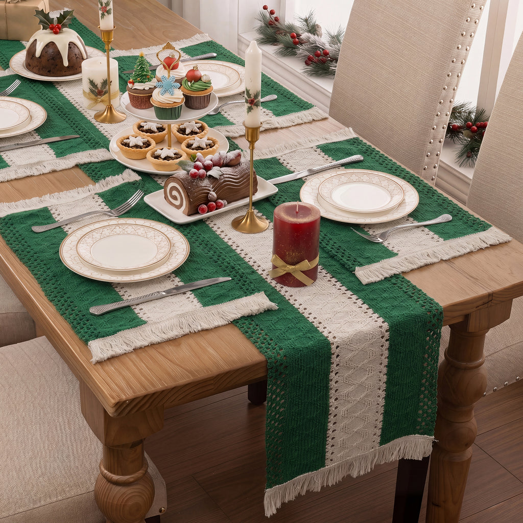MeyJey 5 Pcs Table Runner and Placemats Set, Washable Fabric Rectangle Dining Table Mats with Tassels for Dining Tables, Kitchen, Green/Beige