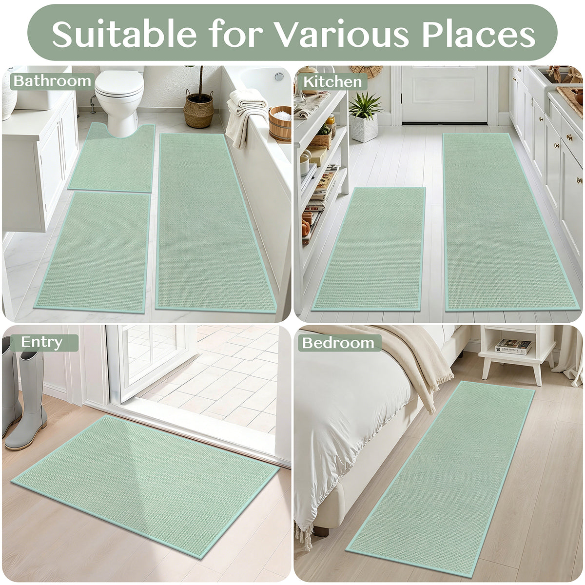 Ileading 3pcs Bathroom Rugs Set with U-Shaped Mat, Non Slip, Soft, Absorbent Bath Mats for Tub, Shower, Toilet 18"x26"+18"x48"+U Shape 20"x24" Green
