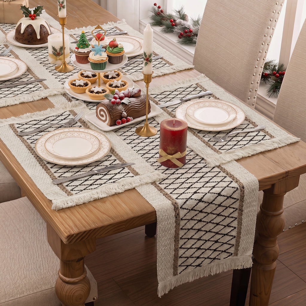 MeyJey 5 Pcs Table Runner and Placemats Set, Washable Fabric Rectangle Dining Table Mats with Tassels for Dining Tables, Kitchen, Black/Beige/Brown