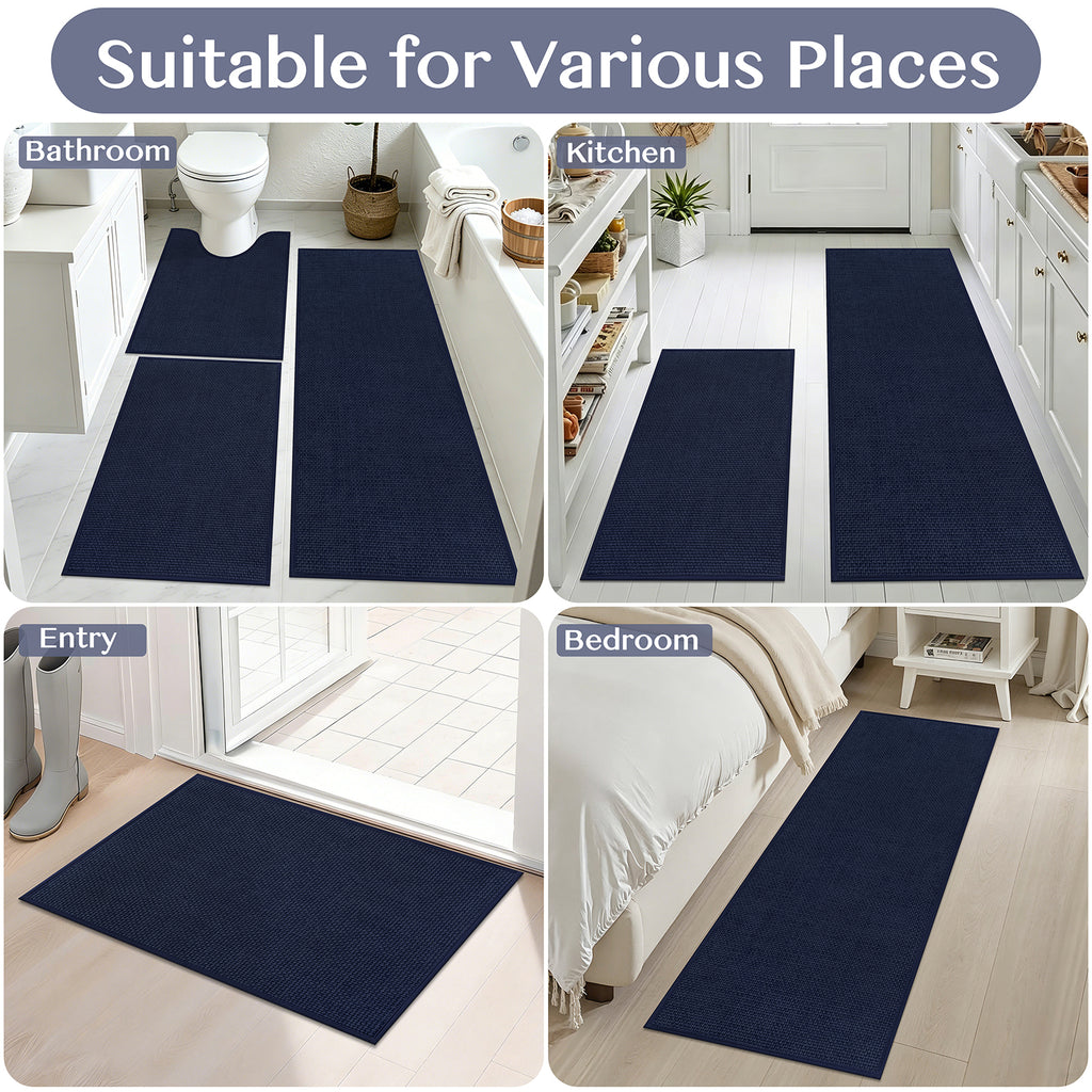 Ileading 3pcs Bathroom Rugs Set with U-Shaped Mat, Non Slip, Soft, Absorbent Bath Mats for Tub, Shower, Toilet 18"x26"+18"x48"+U Shape 20"x24" Blue