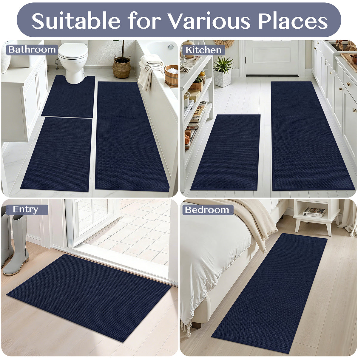 Ileading 3pcs Bathroom Rugs Set with U-Shaped Mat, Non Slip, Soft, Absorbent Bath Mats for Tub, Shower, Toilet 18"x26"+18"x48"+U Shape 20"x24" Blue