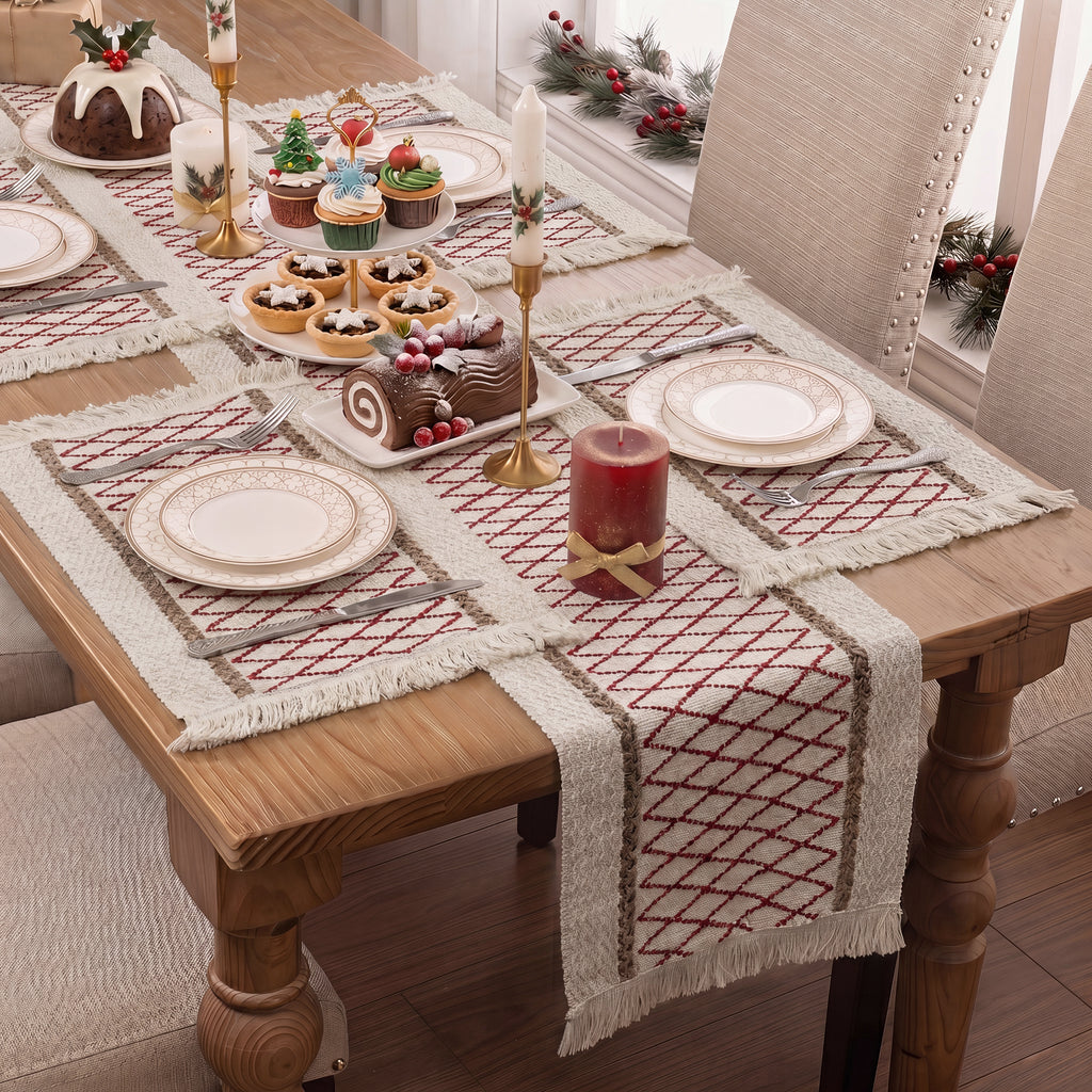 MeyJey 5 Pcs Table Runner and Placemats Set, Washable Fabric Rectangle Dining Table Mats with Tassels for Dining Tables, Kitchen, Red/Beige