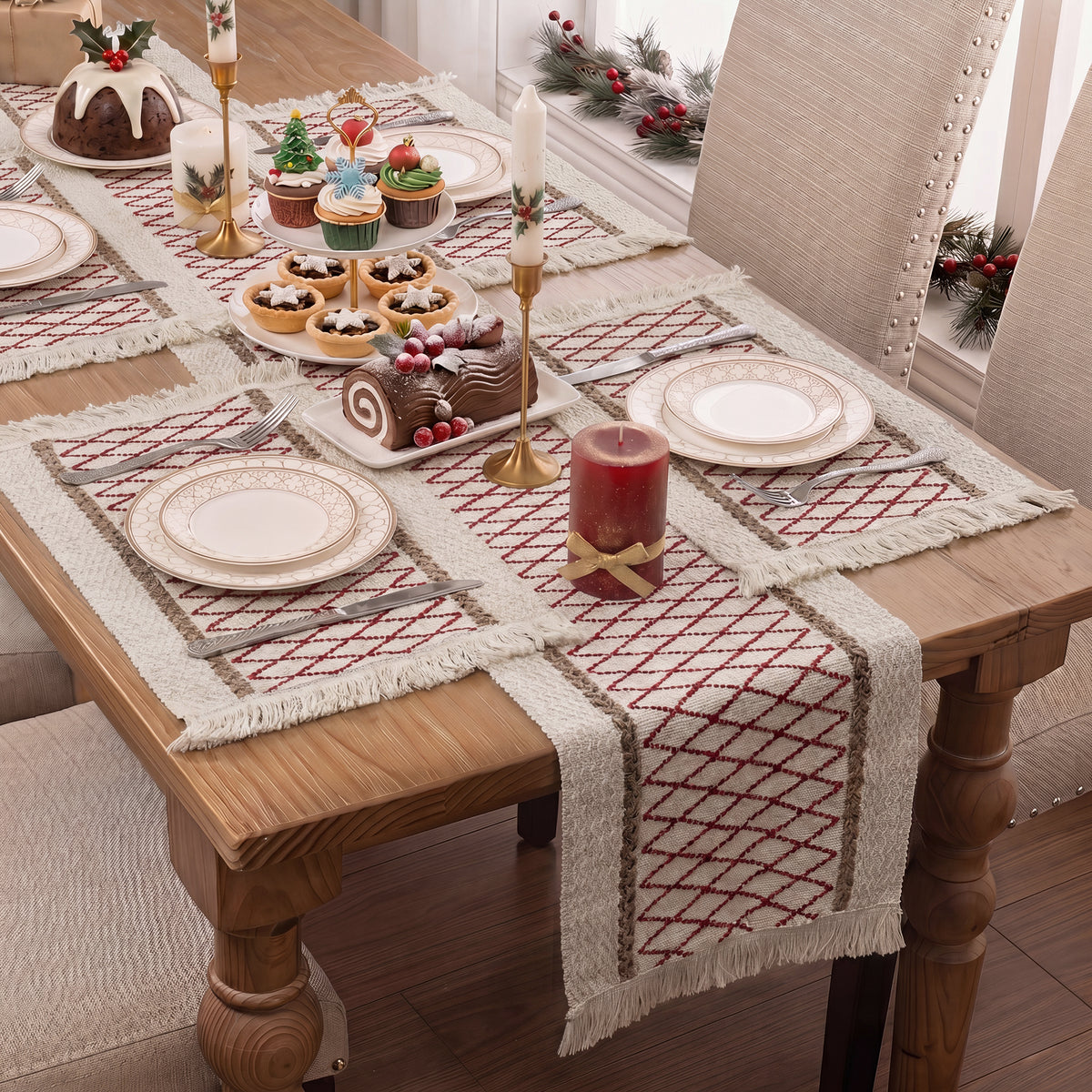 MeyJey 5 Pcs Table Runner and Placemats Set, Washable Fabric Rectangle Dining Table Mats with Tassels for Dining Tables, Kitchen, Red/Beige