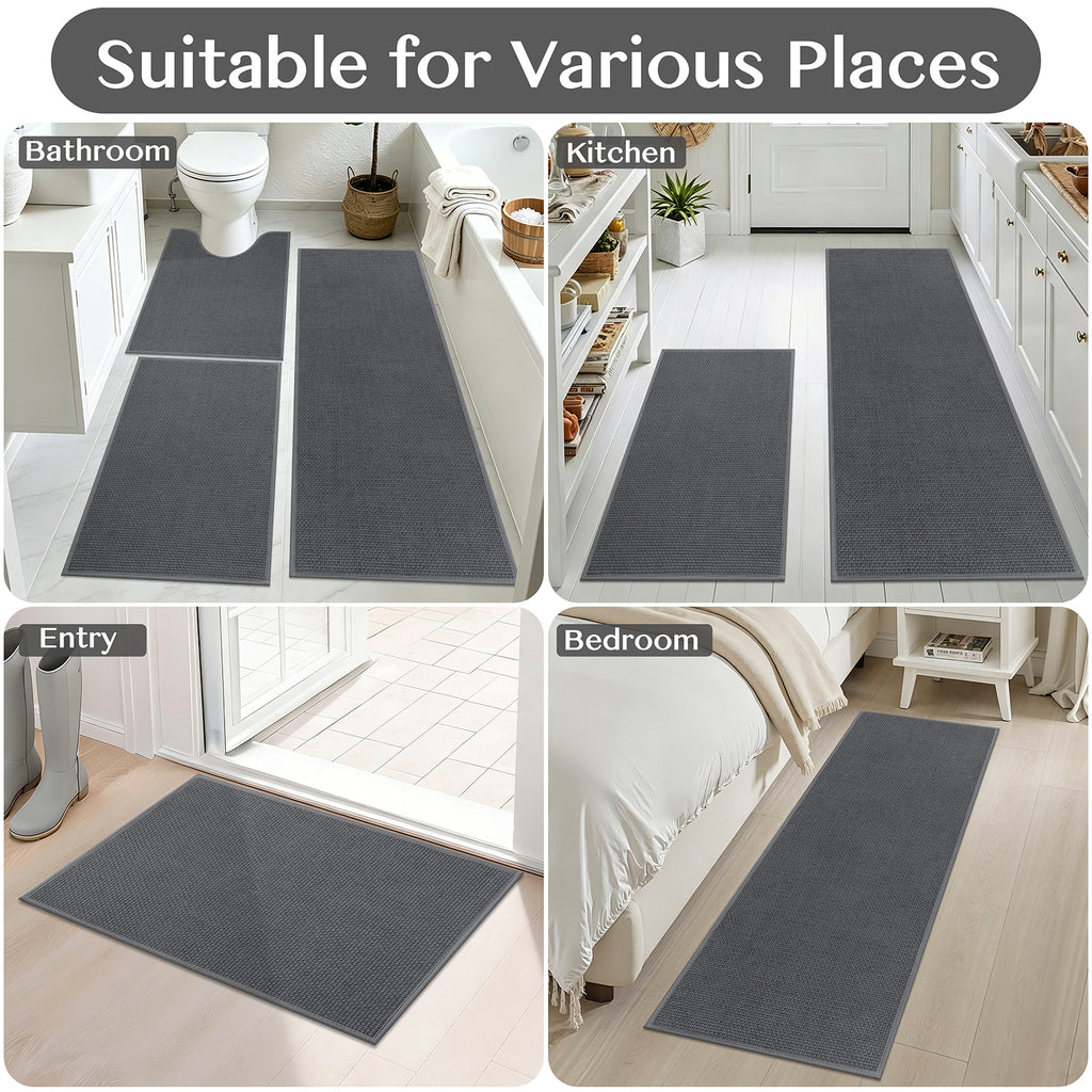 Ileading 3pcs Bathroom Rugs Set with U-Shaped Mat, Non Slip, Soft, Absorbent Bath Mats for Tub, Shower, Toilet 18"x26"+18"x48"+U Shape 20"x24" Gray