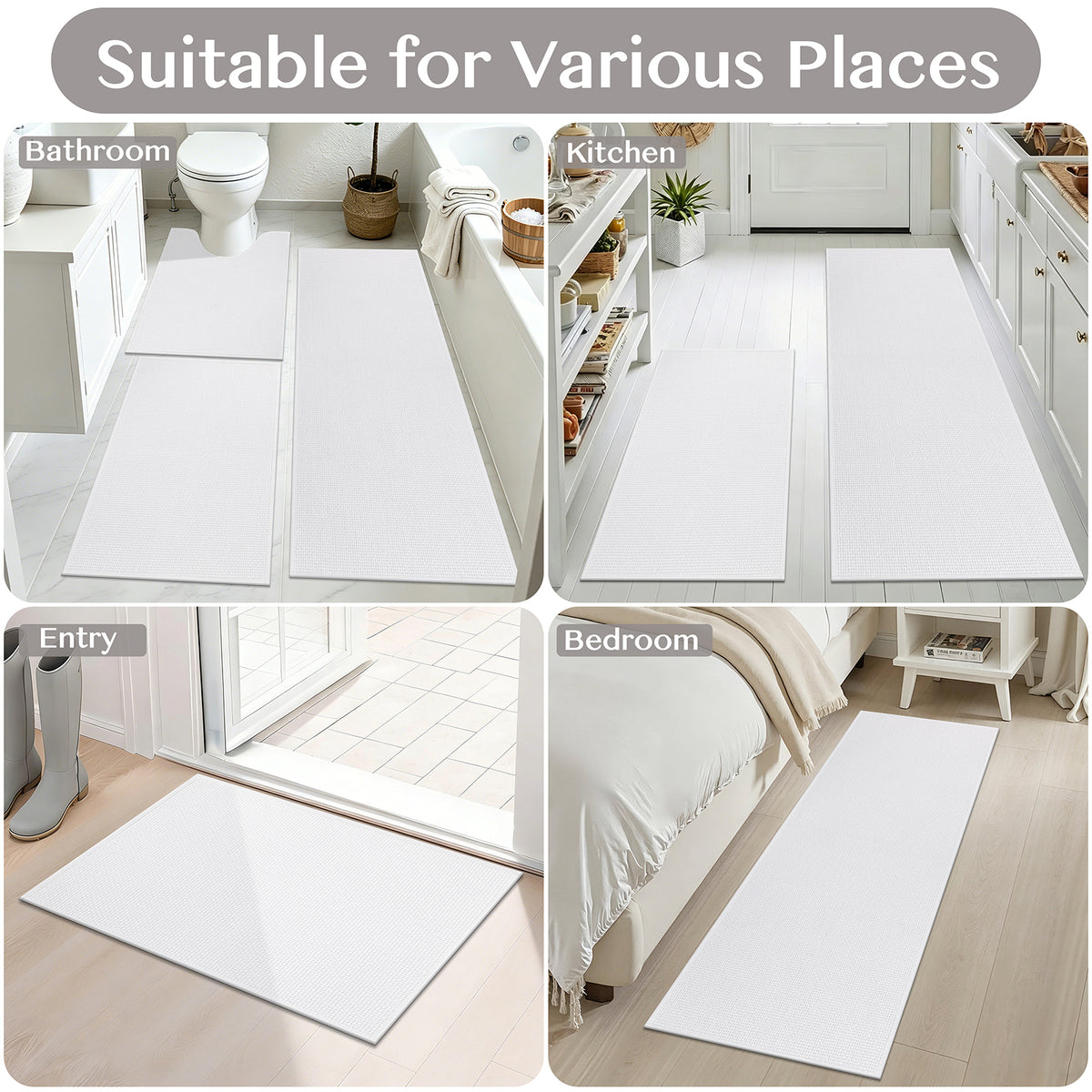 Ileading 3pcs Bathroom Rugs Set with U-Shaped Mat, Non Slip, Soft, Absorbent Bath Mats for Tub, Shower, Toilet 18"x26"+18"x48"+U Shape 20"x24" White